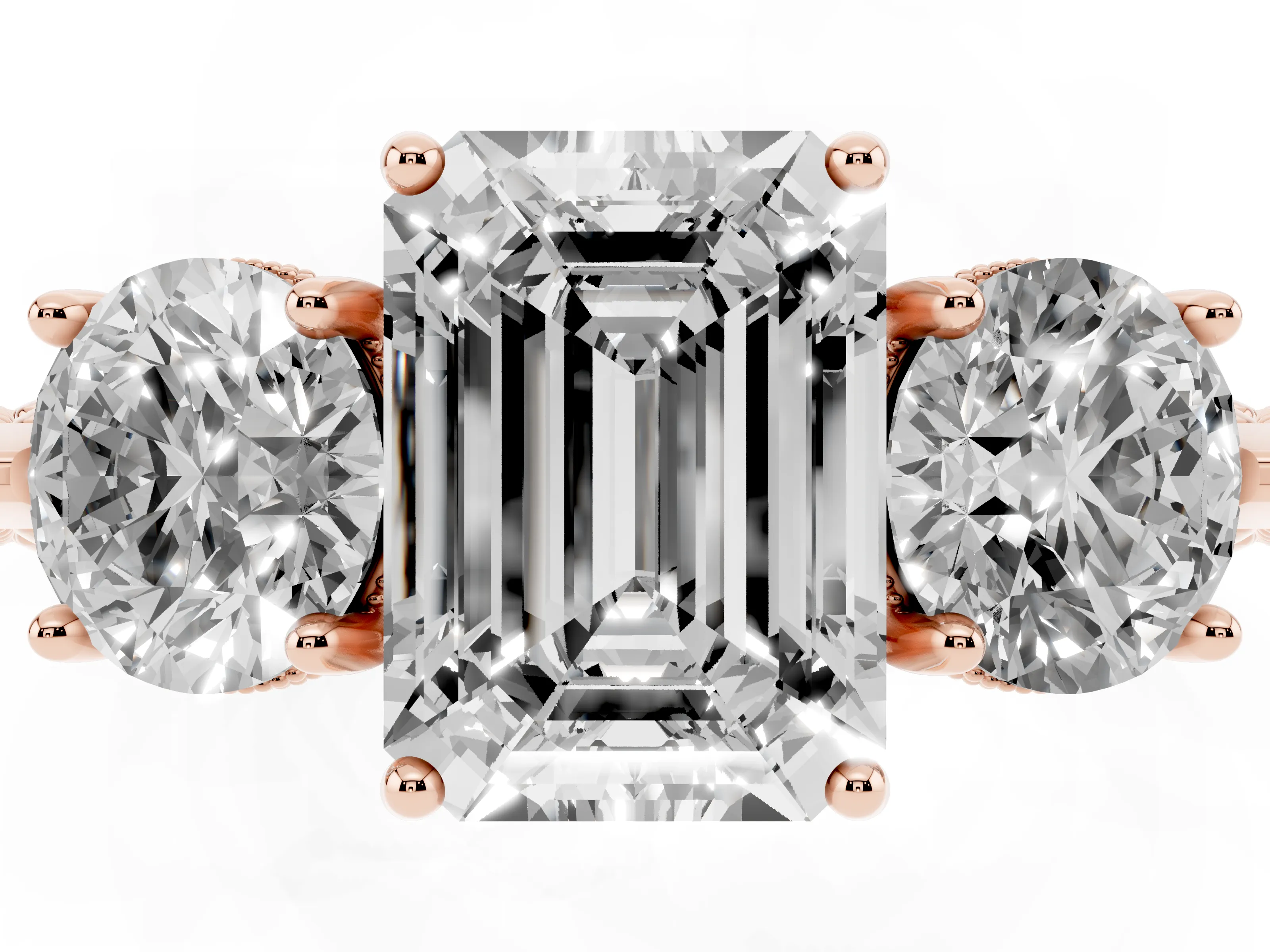 Emerald Cut Diamond Three-Stone Ring Set in Rose gold with Milgrain Band