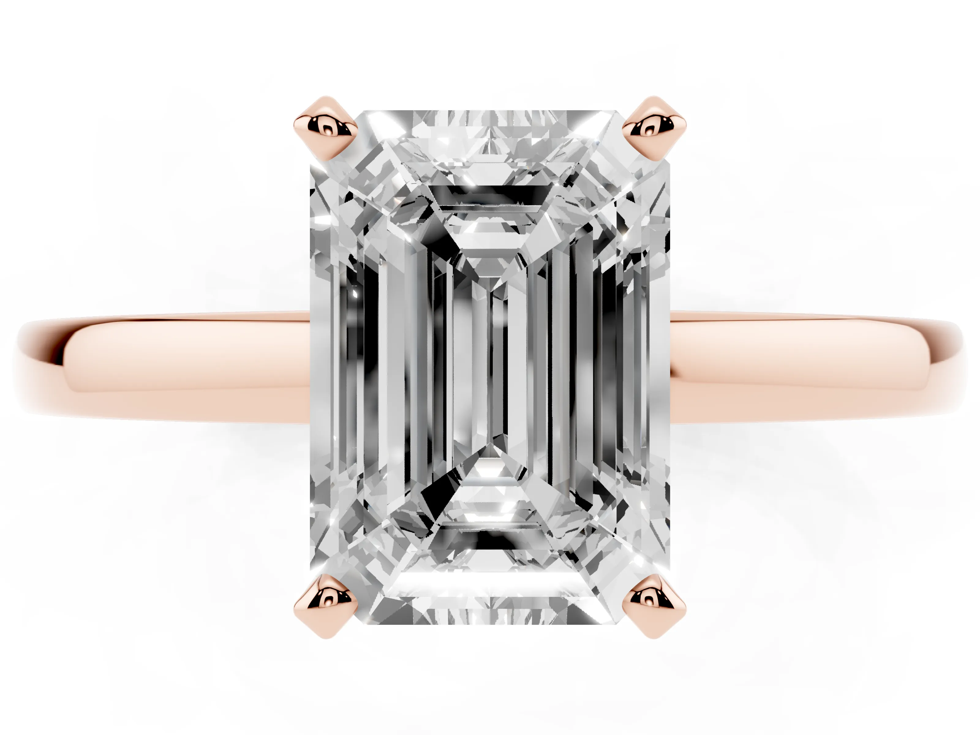 Emerald Cut Diamond Solitaire Engagement Ring Set in Rose gold with Prong Setting on a Classic Band