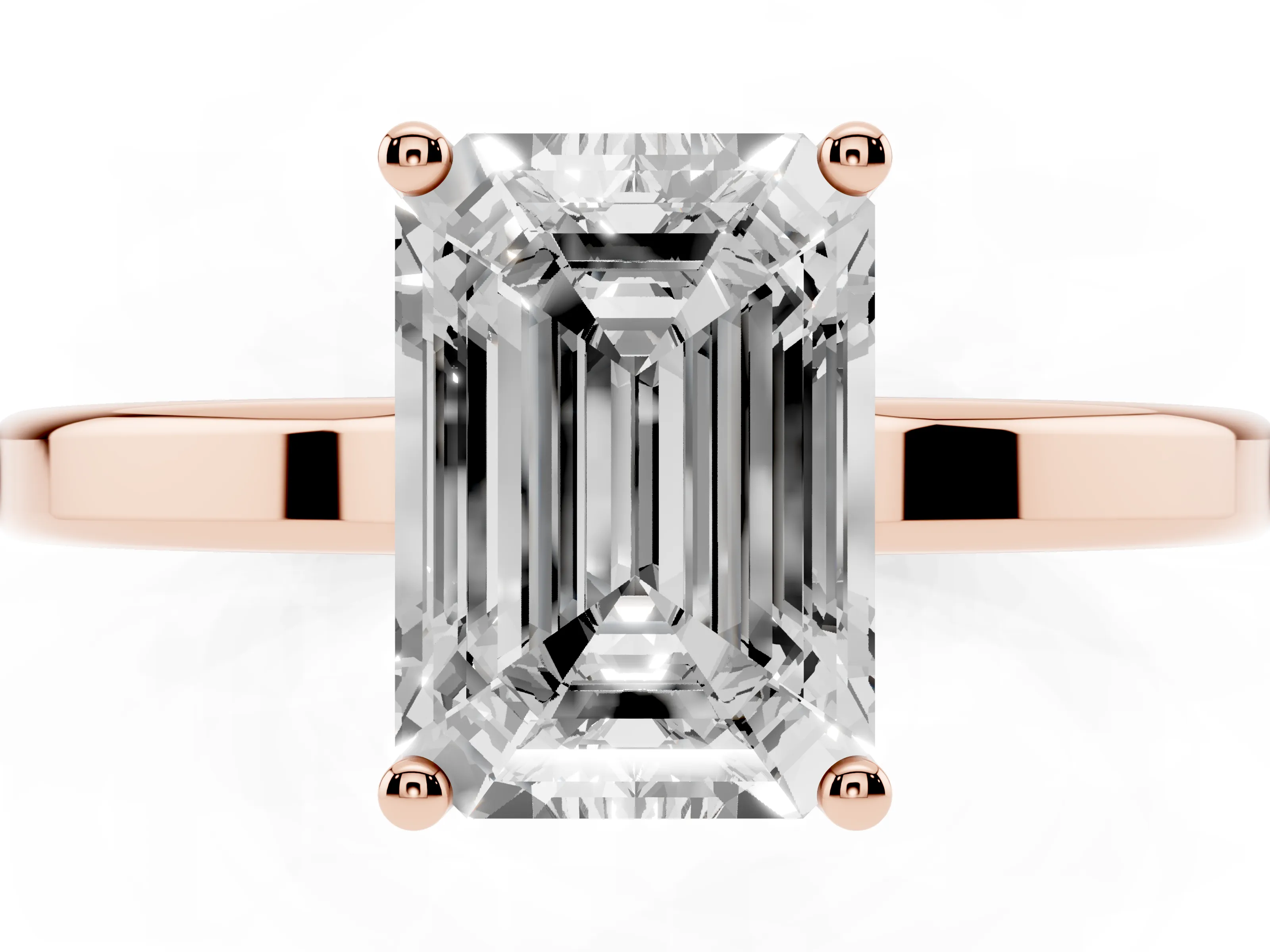 Emerald Cut Diamond Solitaire Engagement Ring Set in Rose gold with Prong Setting on a Plain Band
