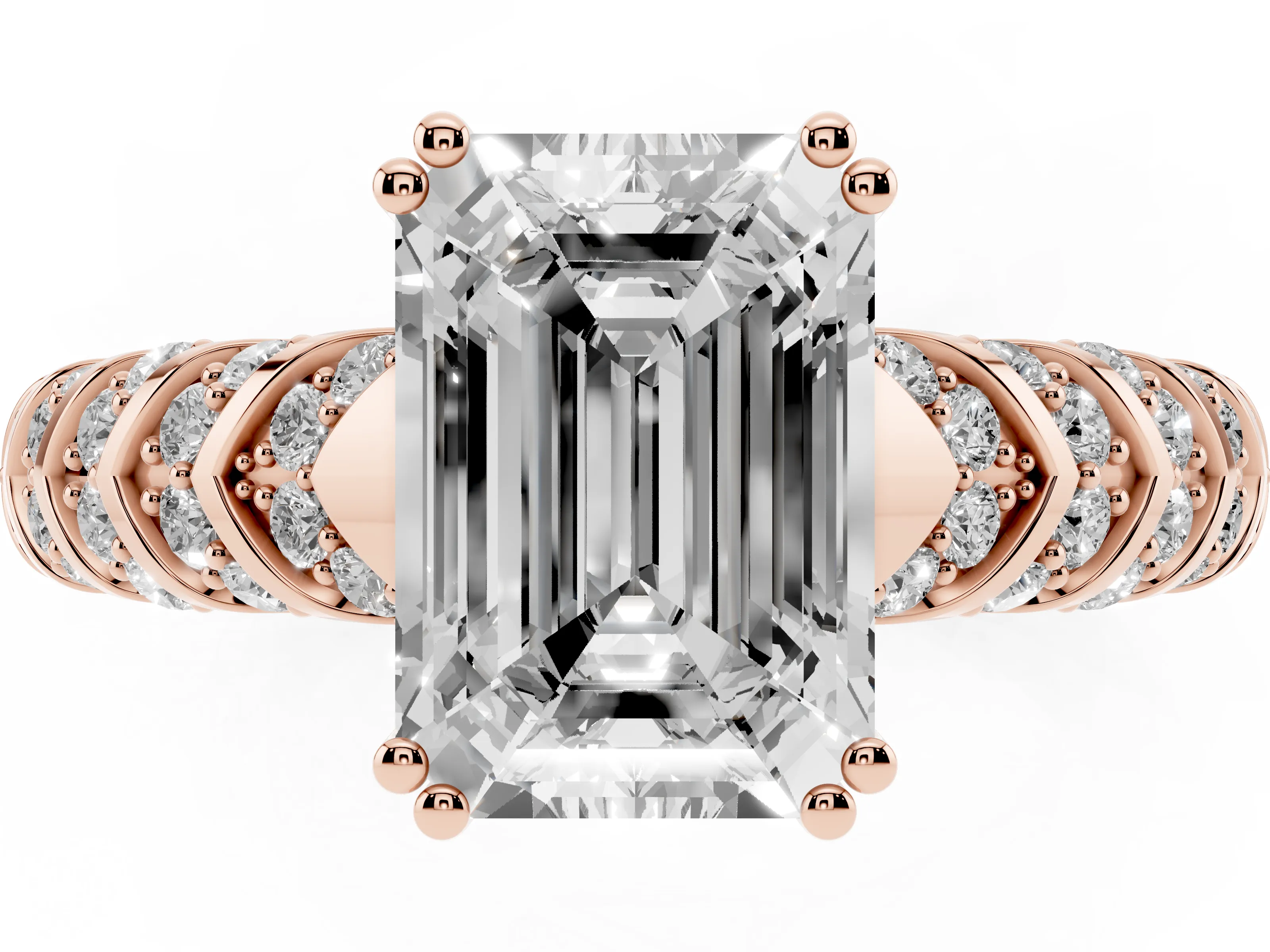 Emerald Cut Diamond Solitaire Chevron Pavé Engagement Ring Set in Rose gold with Prong Setting