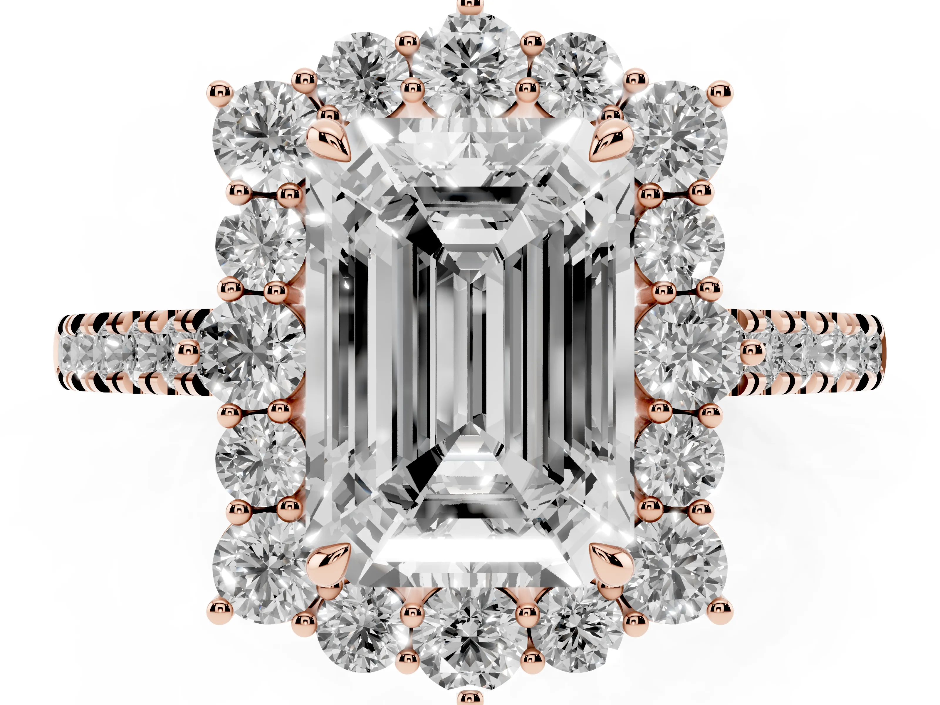 Emerald Cut Diamond Halo Ring Set in Rose gold with Pavé Band and Prong Setting