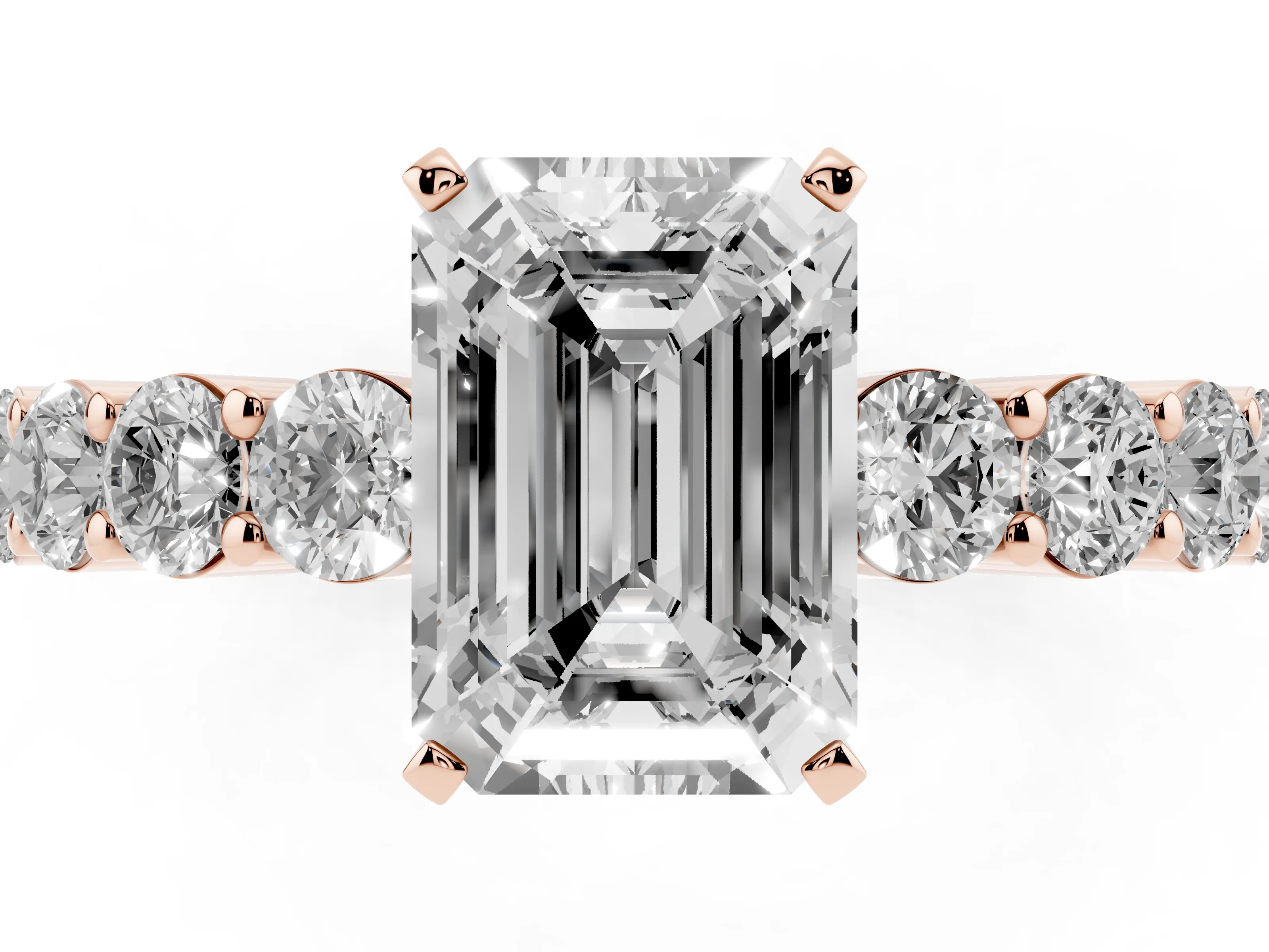 Emerald Cut Diamond Solitaire Ring Set in Rose gold with Shared Prong Round Side Stones