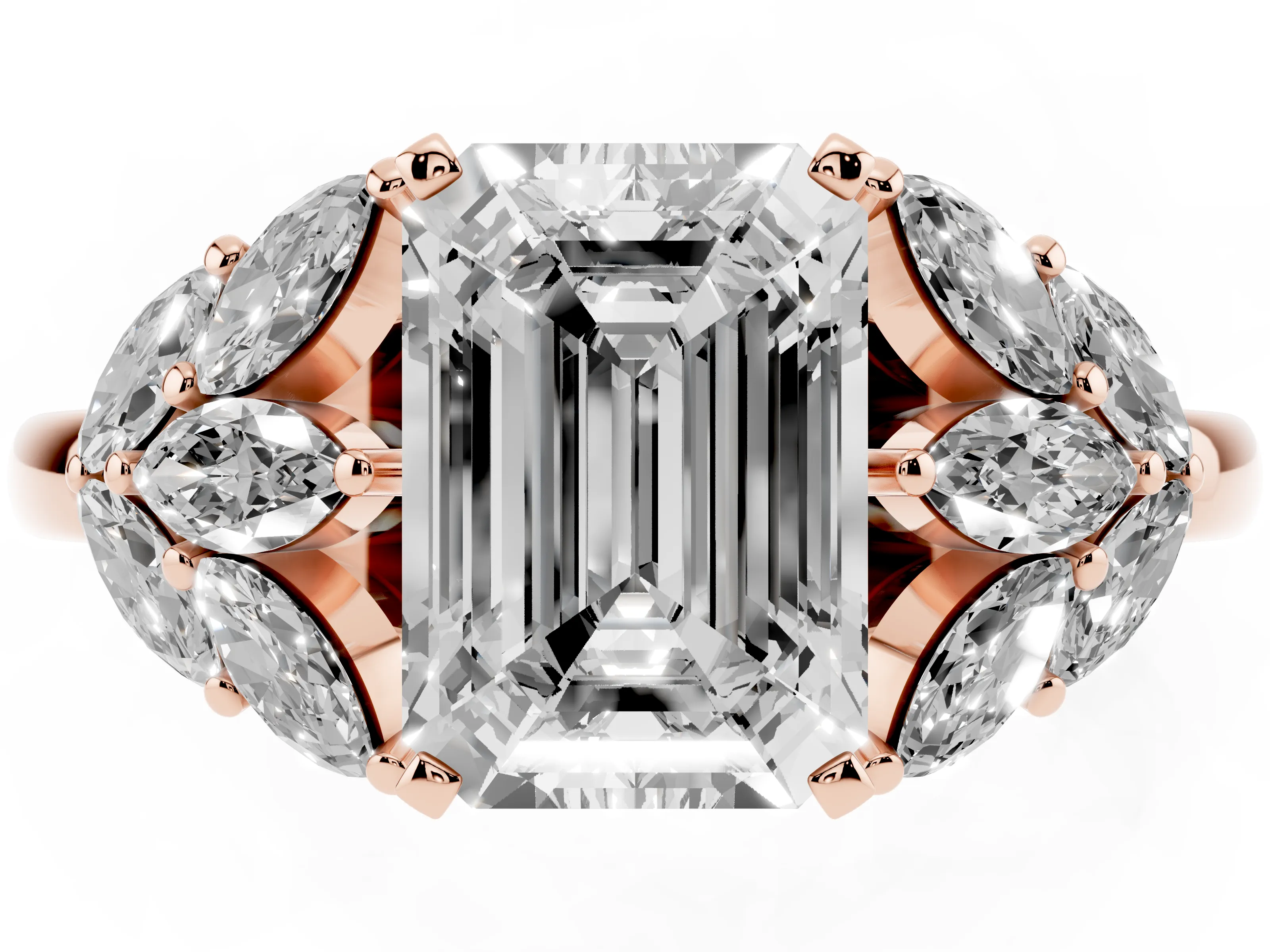 Emerald Cut Diamond Cluster Leaf Design Ring Set in Rose gold with Prong Setting