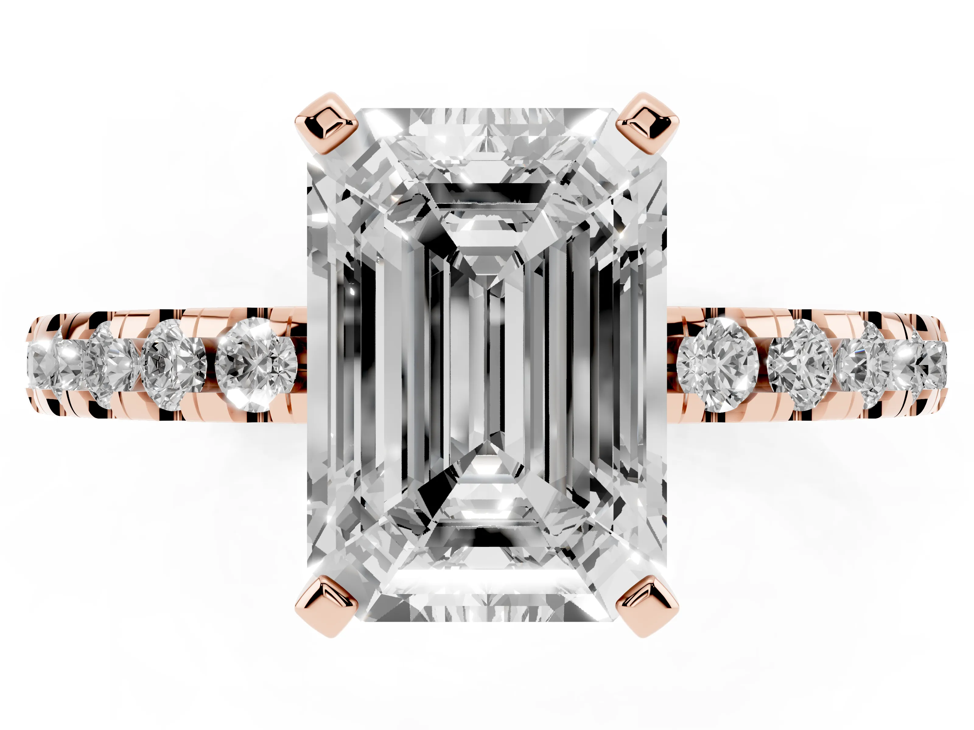 Emerald Cut Diamond Pavé Solitaire Ring Set in Rose gold with Round Band Accents and Prong Setting