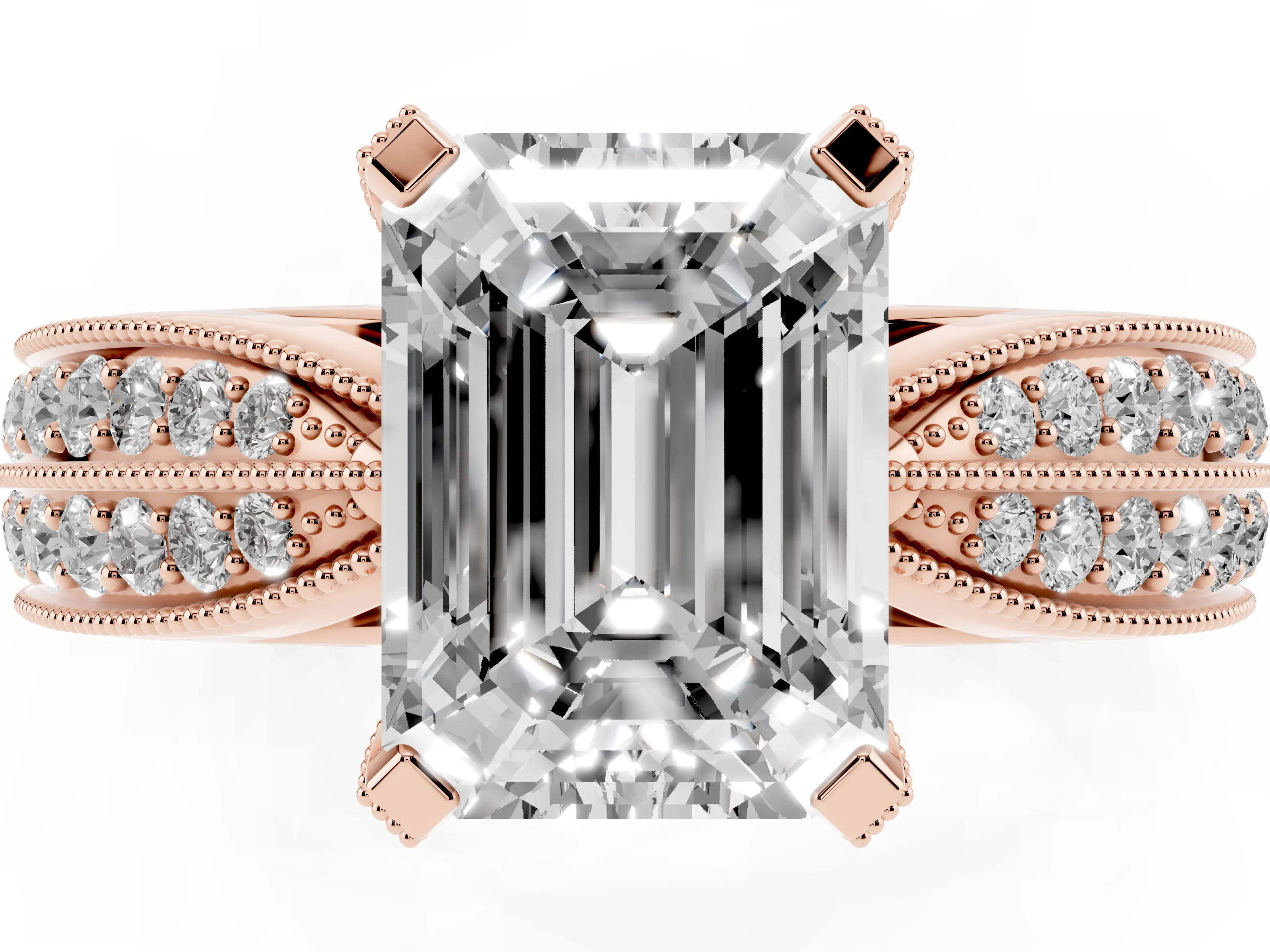 Emerald Cut Diamond Solitaire Ring Set in Rose gold with Milgrain Double Row Round Pavé Band