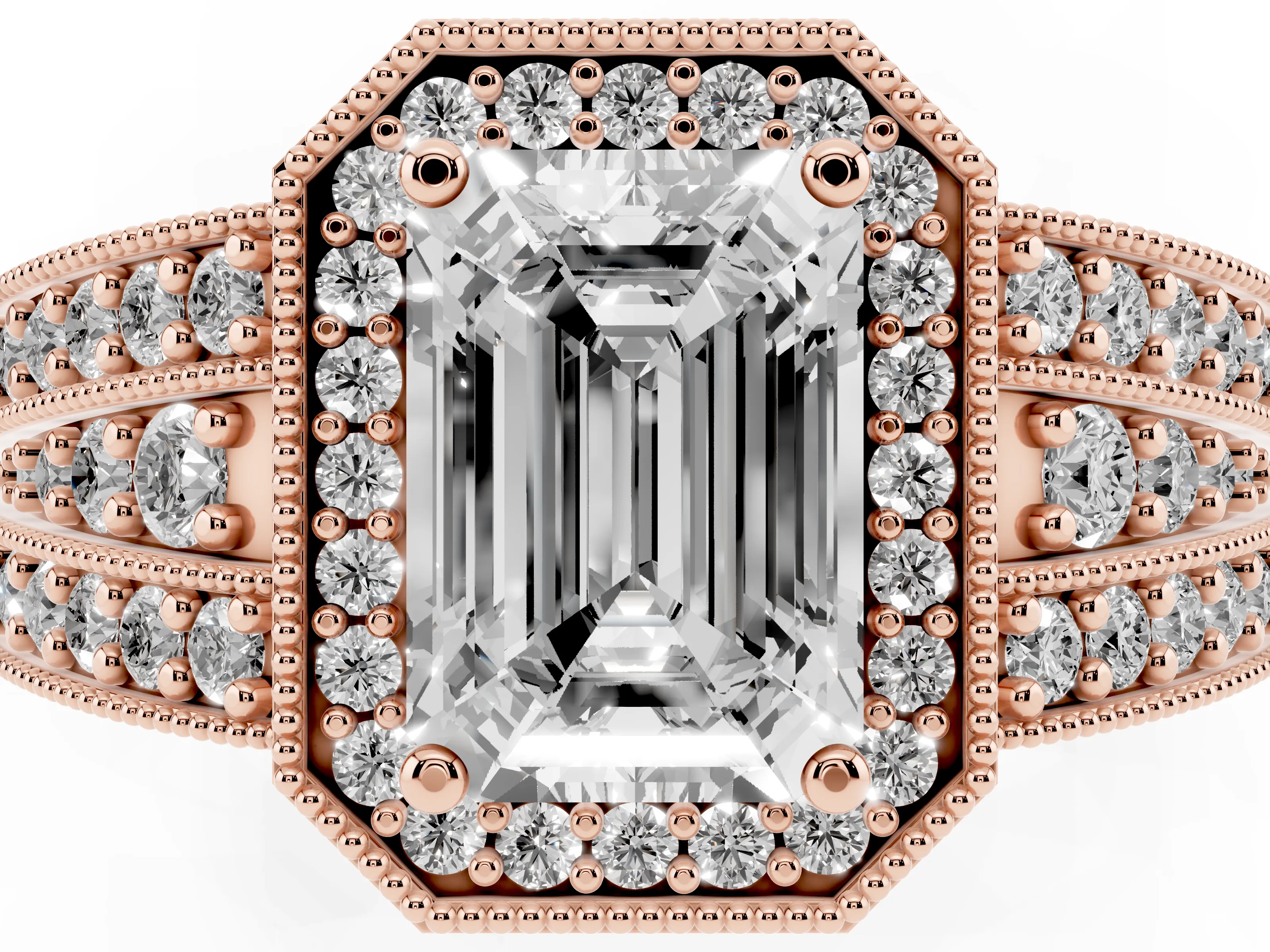 Emerald Cut Diamond Halo Ring Set in Rose gold with Accent Split Shank and Prong Setting