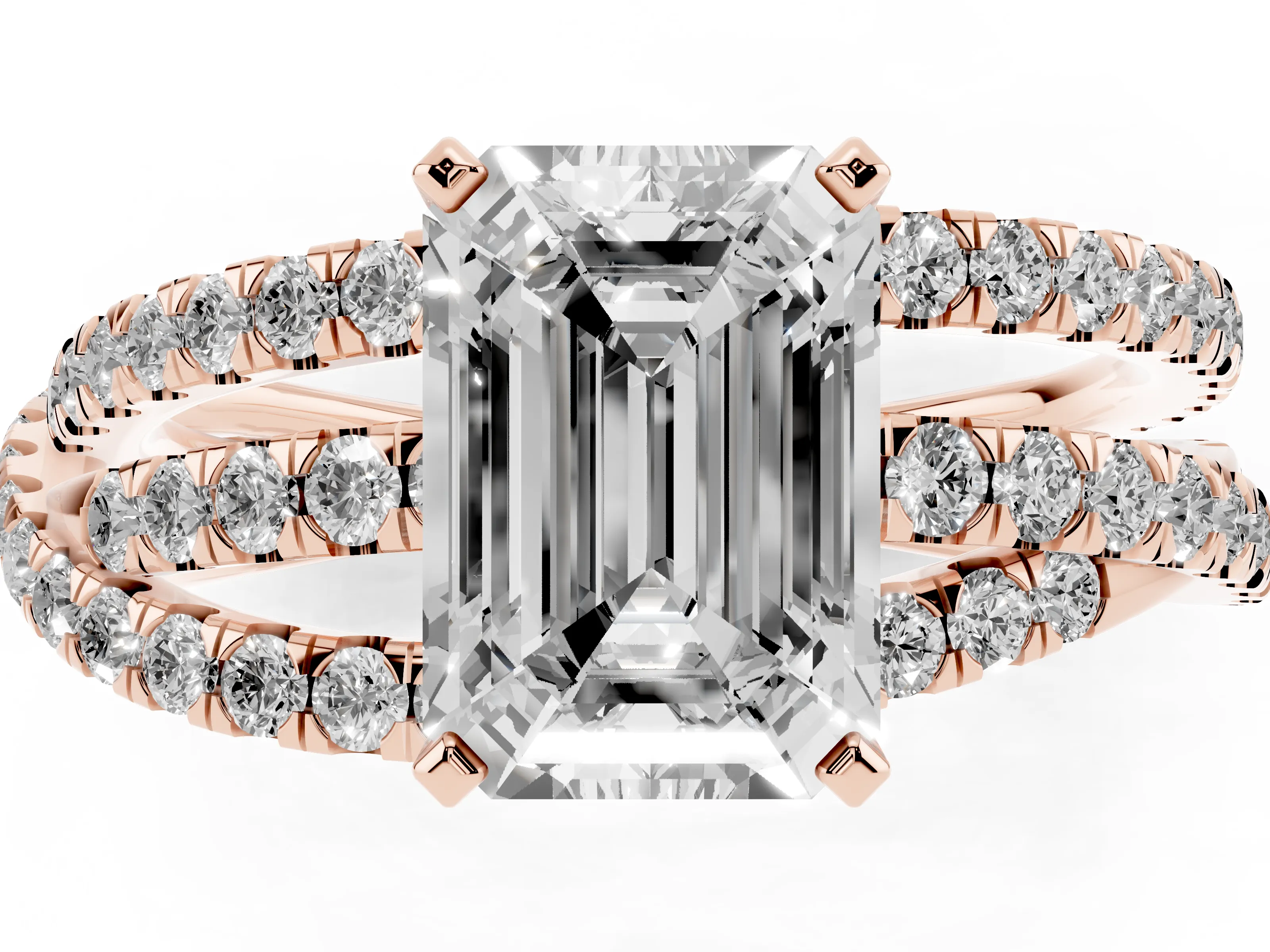 Emerald Cut Diamond Solitaire Twist Band Ring Set in Rose gold with Pavé Setting and Prong Head