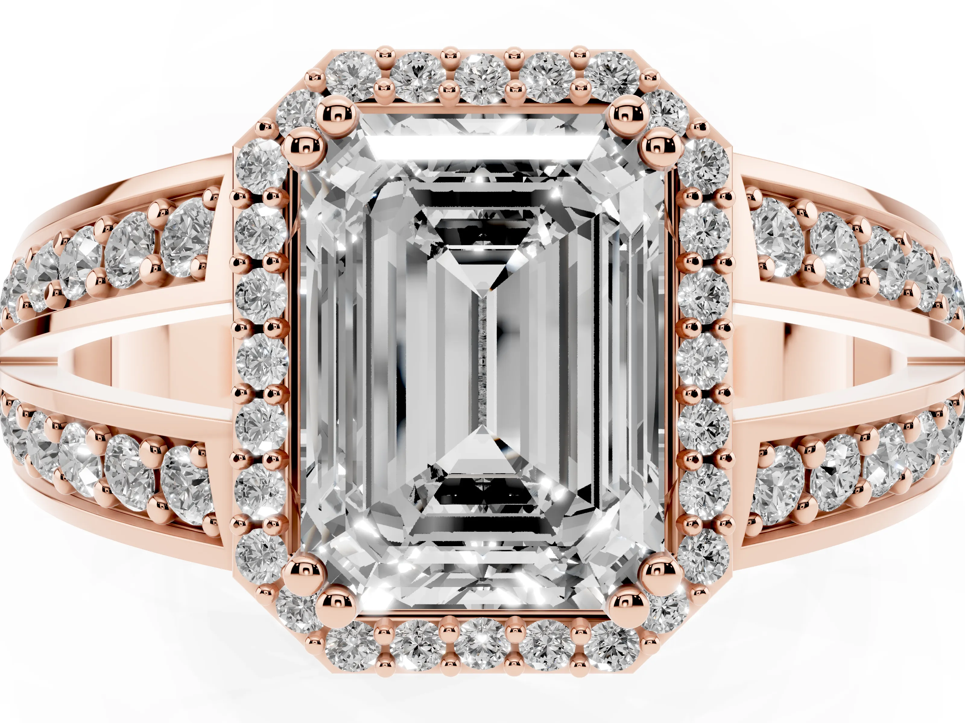 Emerald Cut Diamond Halo Ring Set in Rose gold with Double Pavé Split Shank