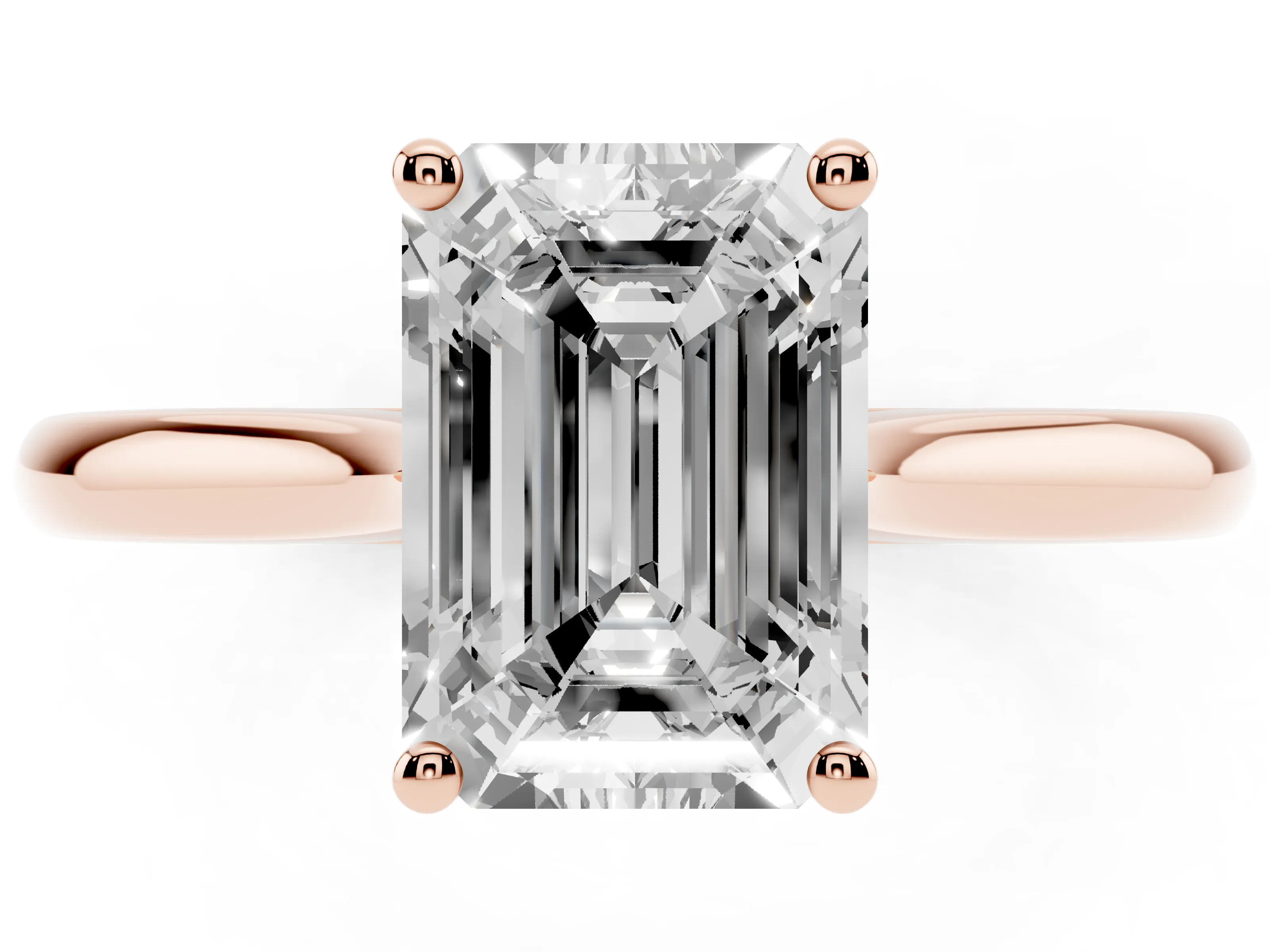 Emerald Cut Diamond Solitaire Ring Set in Rose gold with Cathedral Band and Prong Setting