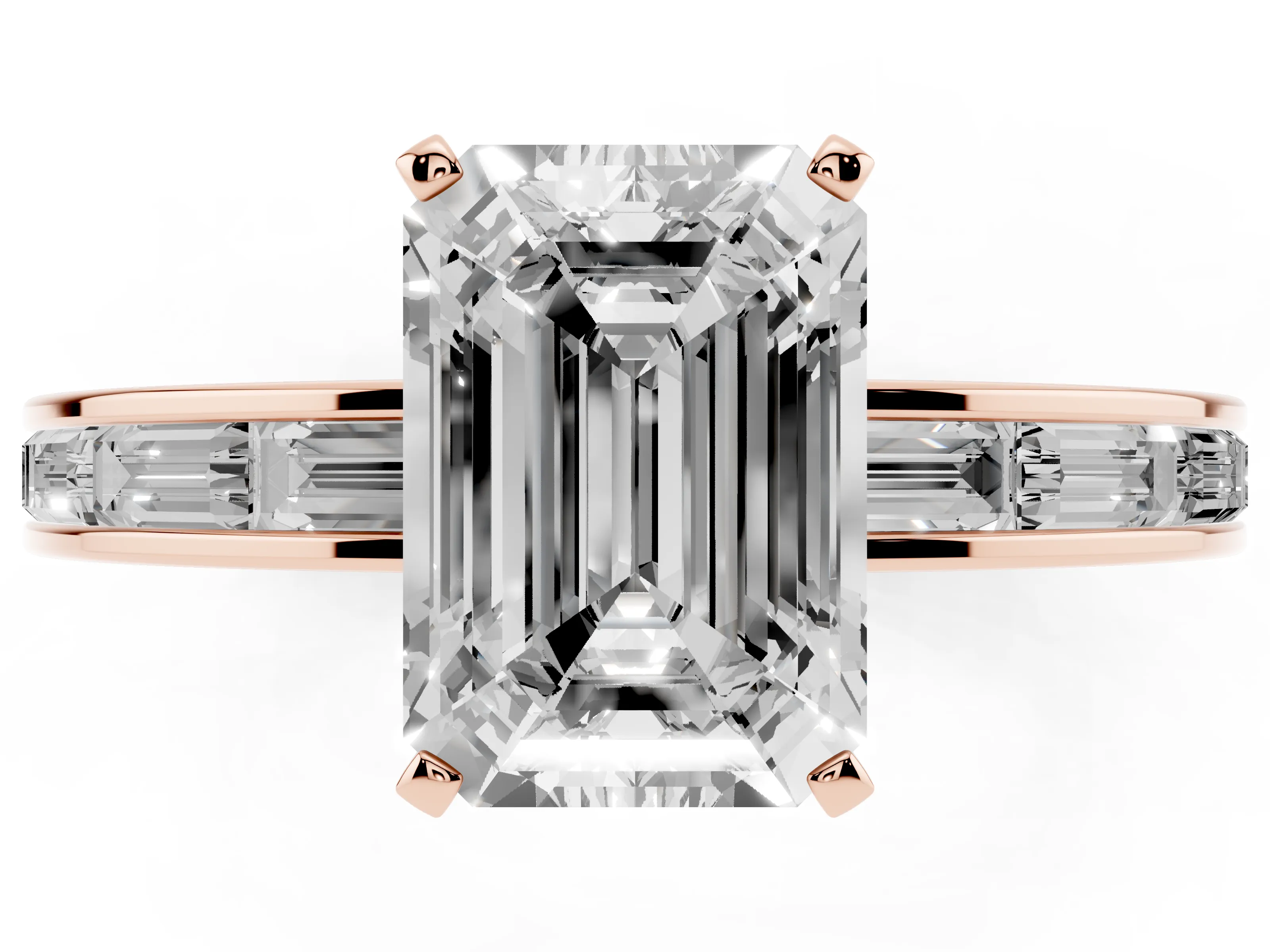 Emerald Cut Diamond Solitaire Ring Set in Rose gold with Channel-Set Baguette Band and Prong Setting