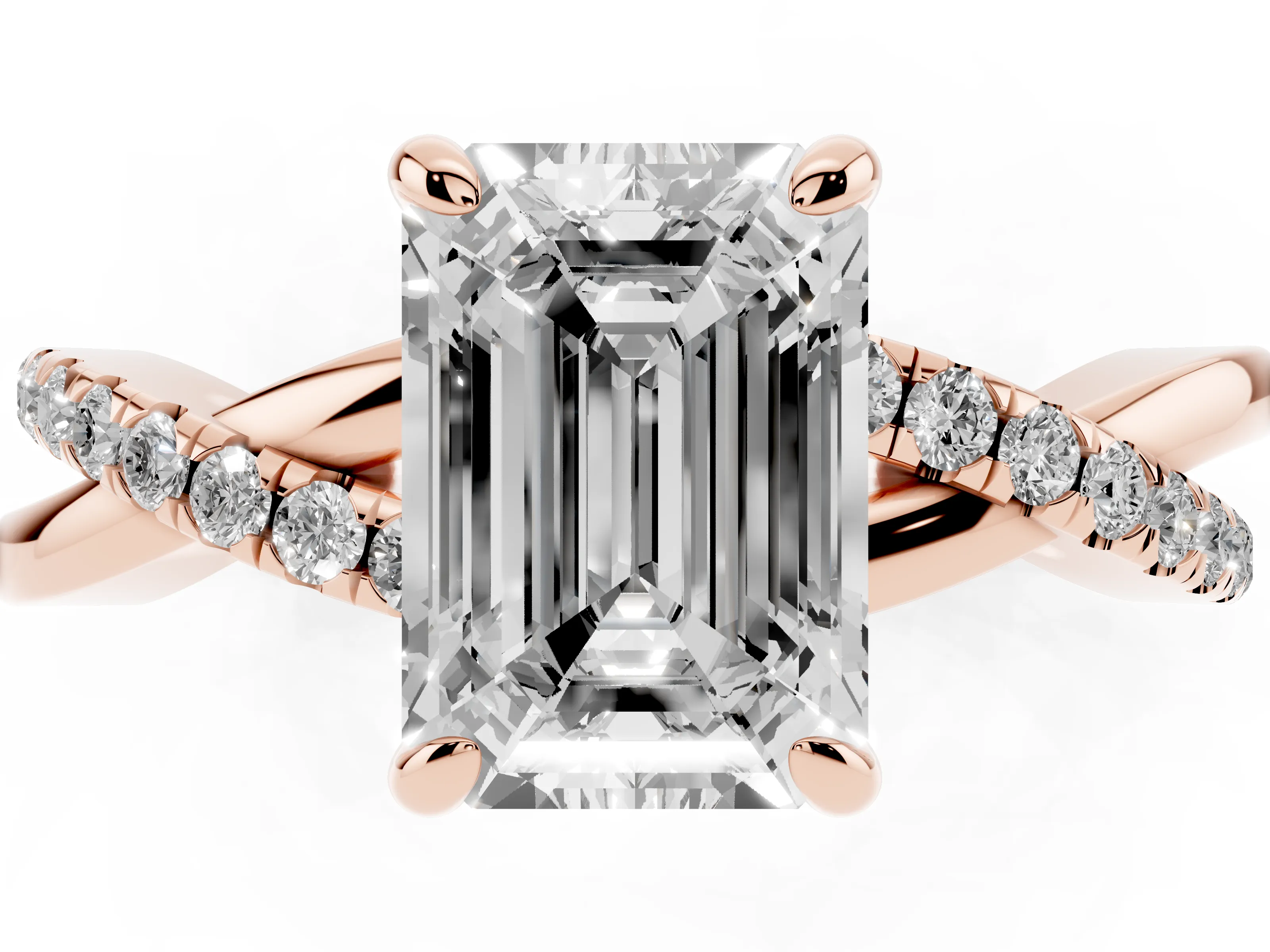 Emerald Cut Diamond Twist Band Pavé Solitaire Ring Set in Rose gold with Prong Setting