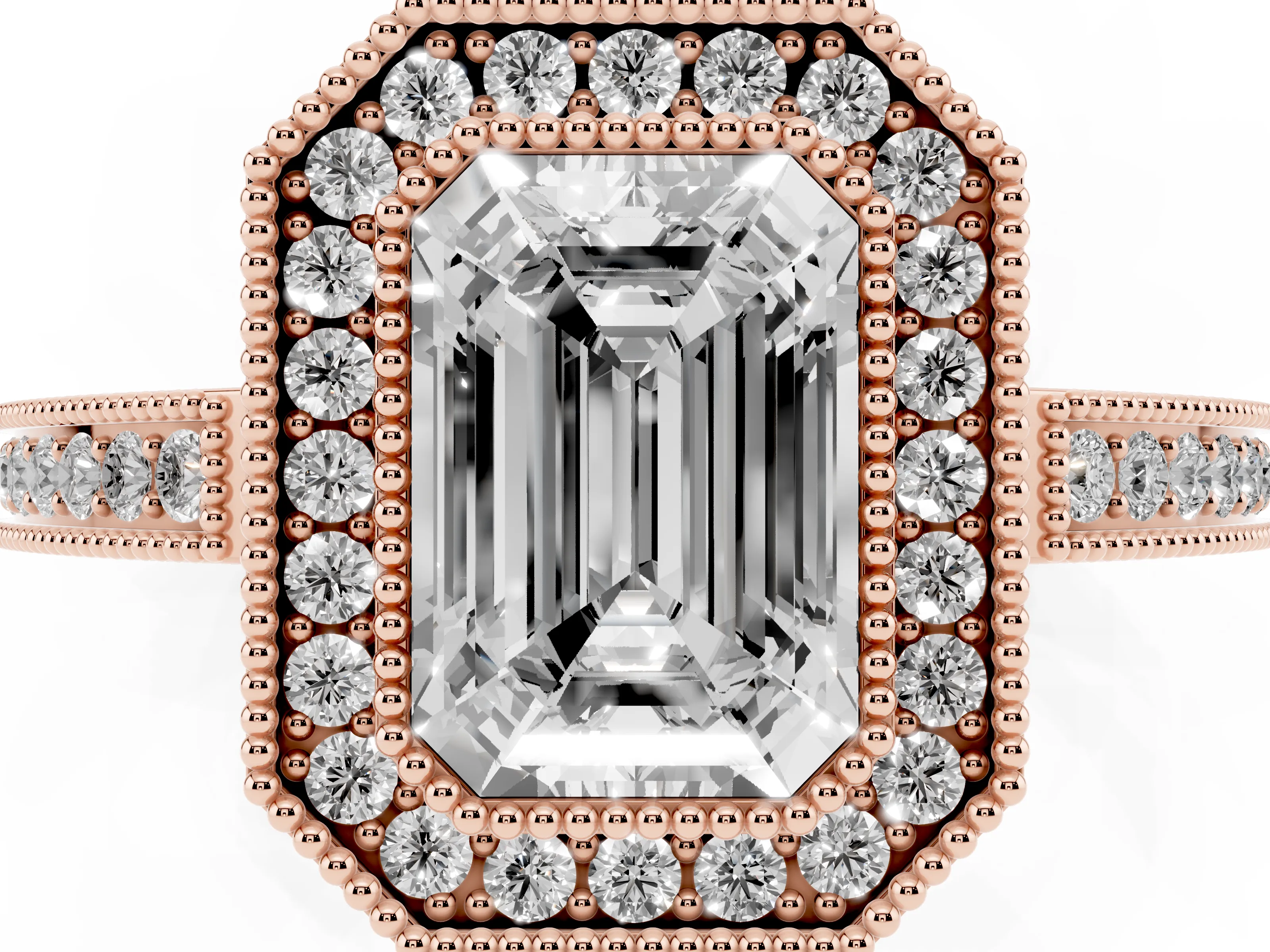 Emerald Cut Diamond Halo Ring Set in Rose gold with Pavé Band and Milgrain-Edged Prongs