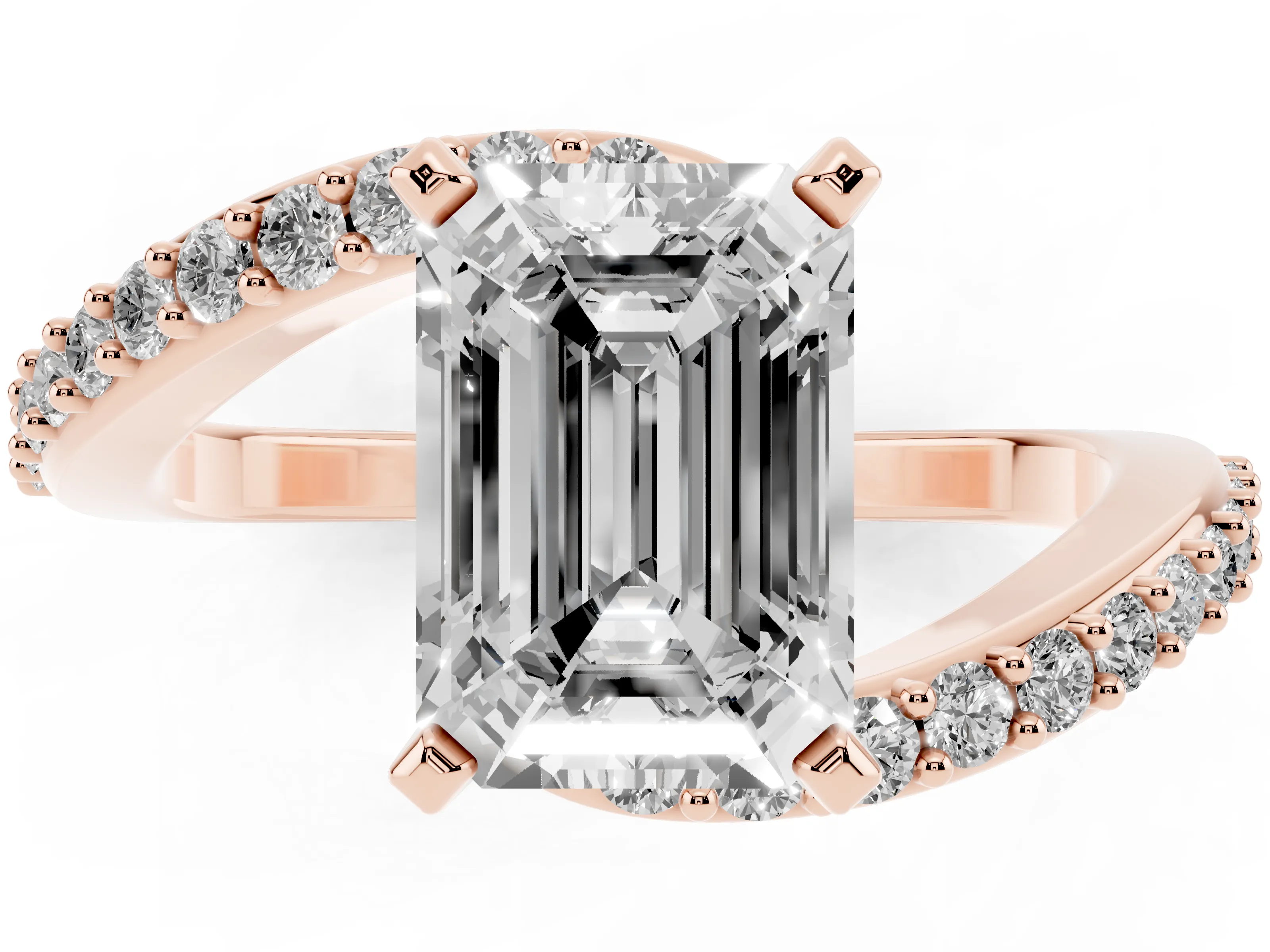 Emerald Cut Diamond Solitaire Ring Set in Rose gold with Pavé Twist Band and Prong Setting