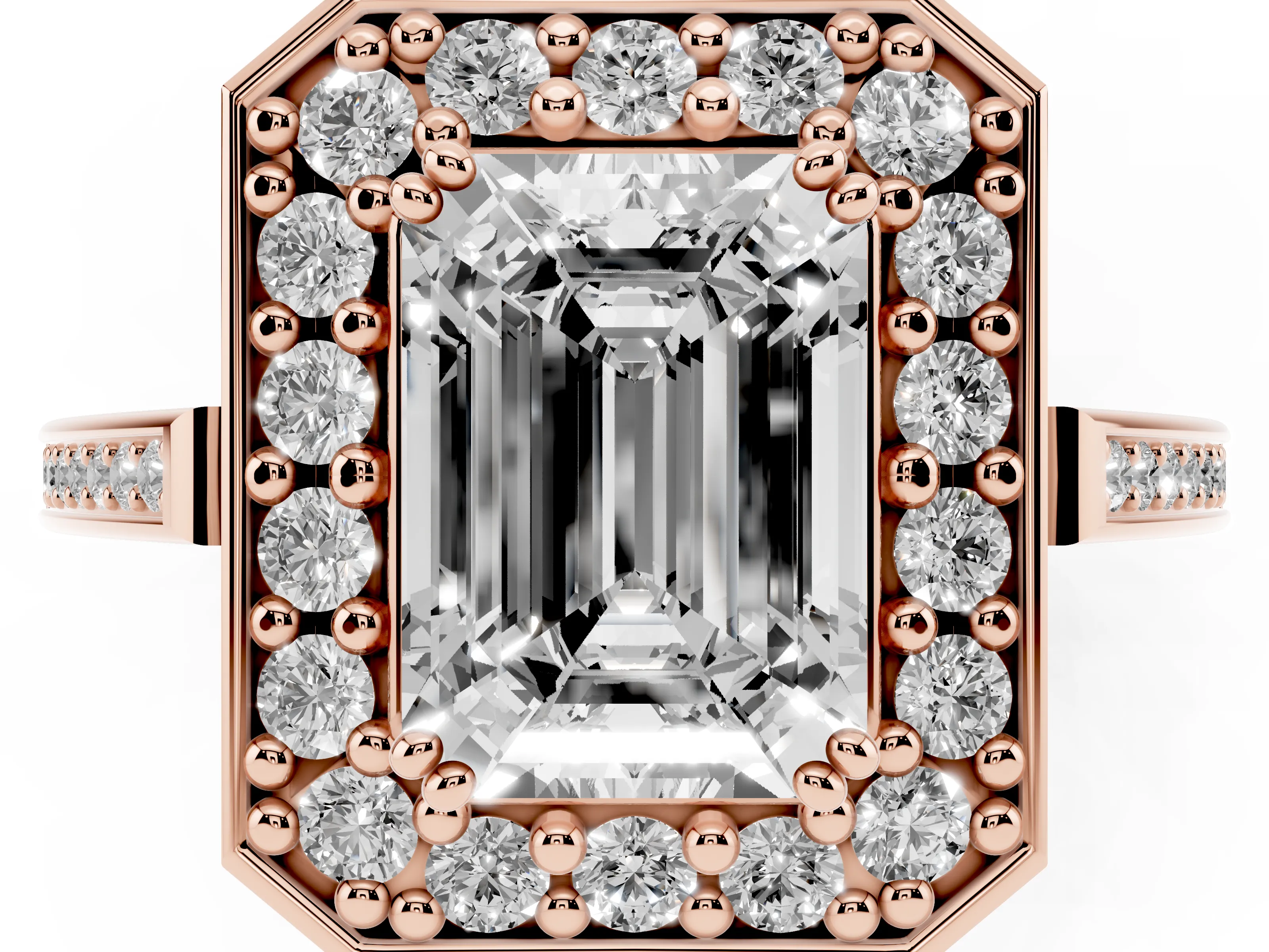 Emerald Cut Diamond Halo Ring Set in Rose gold with Accent-Lined Split Shank and Prong Setting