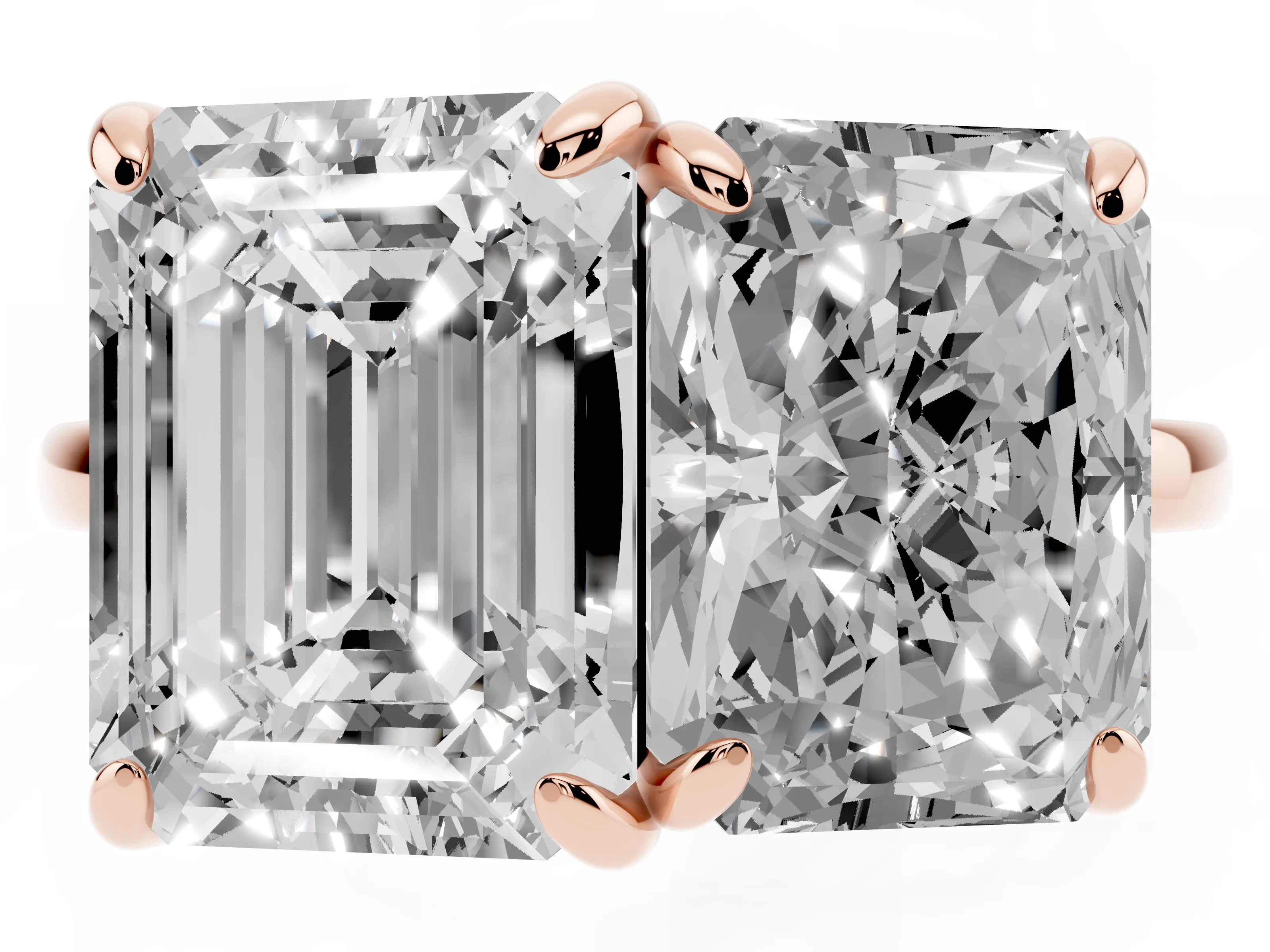 Emerald and Radiant Toi Moi Ring Set in Rose gold with Prong Setting and Plain Band
