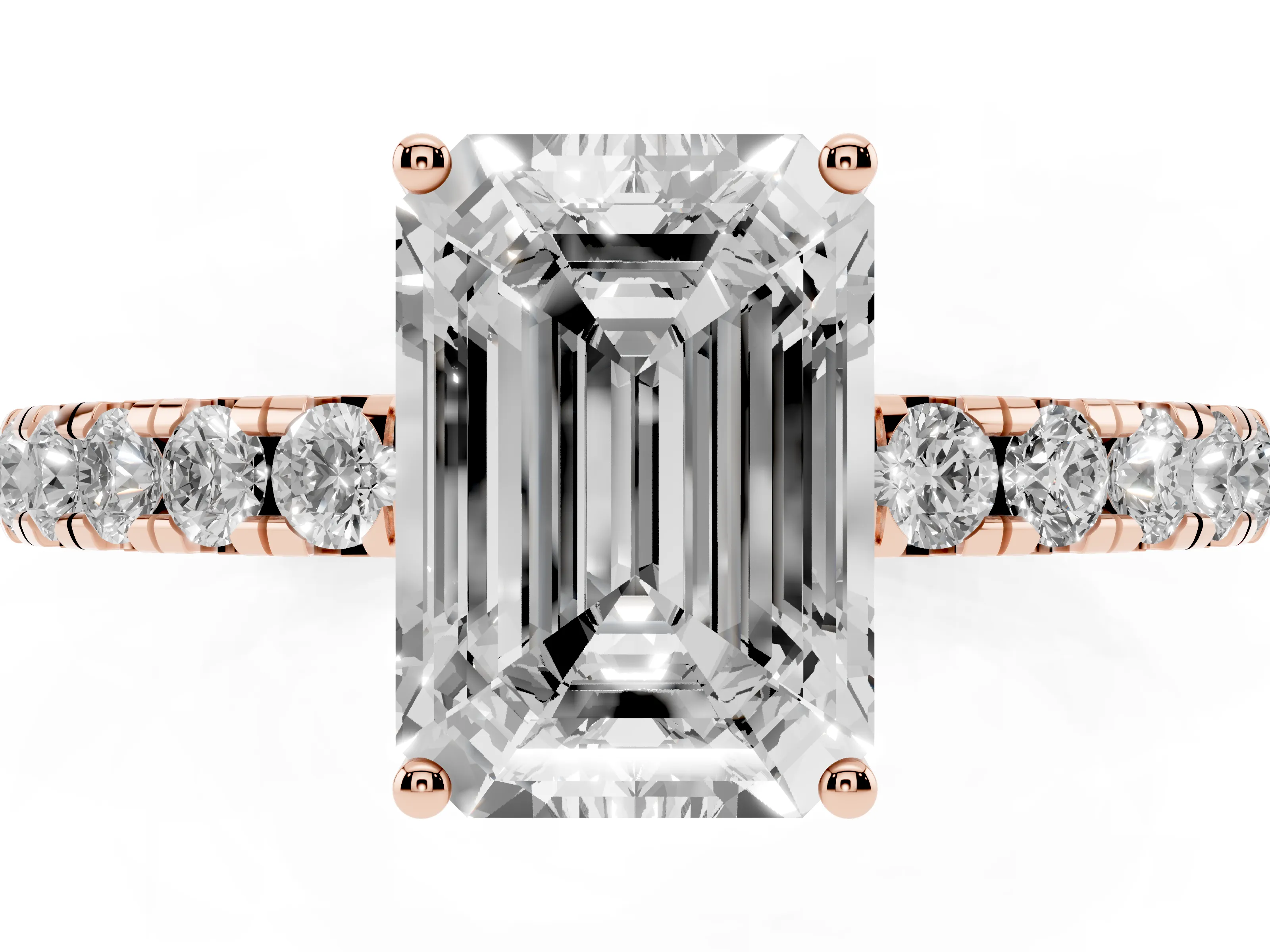 Emerald Cut Diamond Pavé Solitaire Engagement Ring Set in Rose gold with Prong Setting