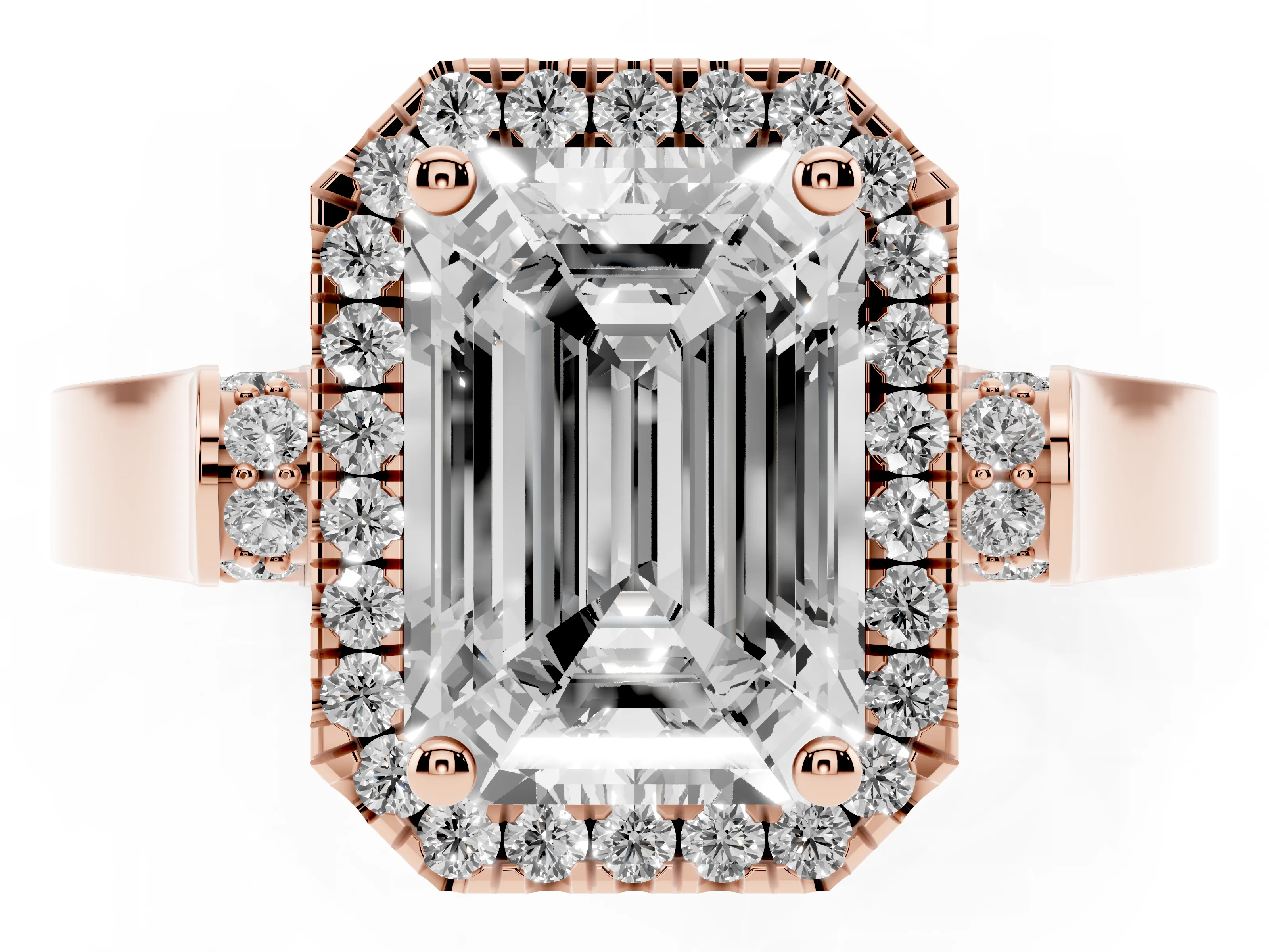 Emerald Cut Diamond Halo Ring Set in Rose gold with Pavé-Lined Split Shank Band