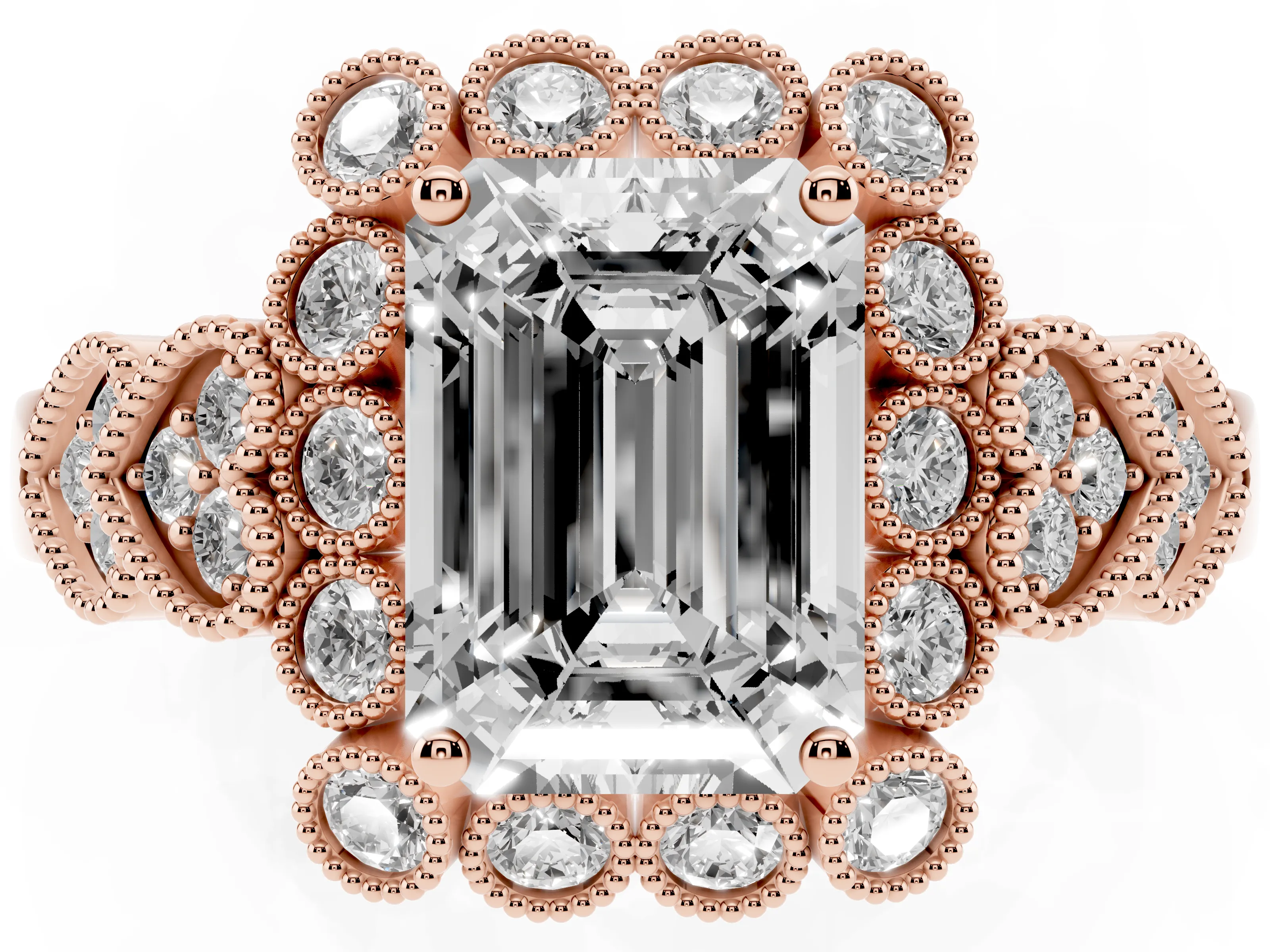 Emerald Cut Diamond Solitaire Ring Set in Rose gold with Milgrain Pavé Heart Band
