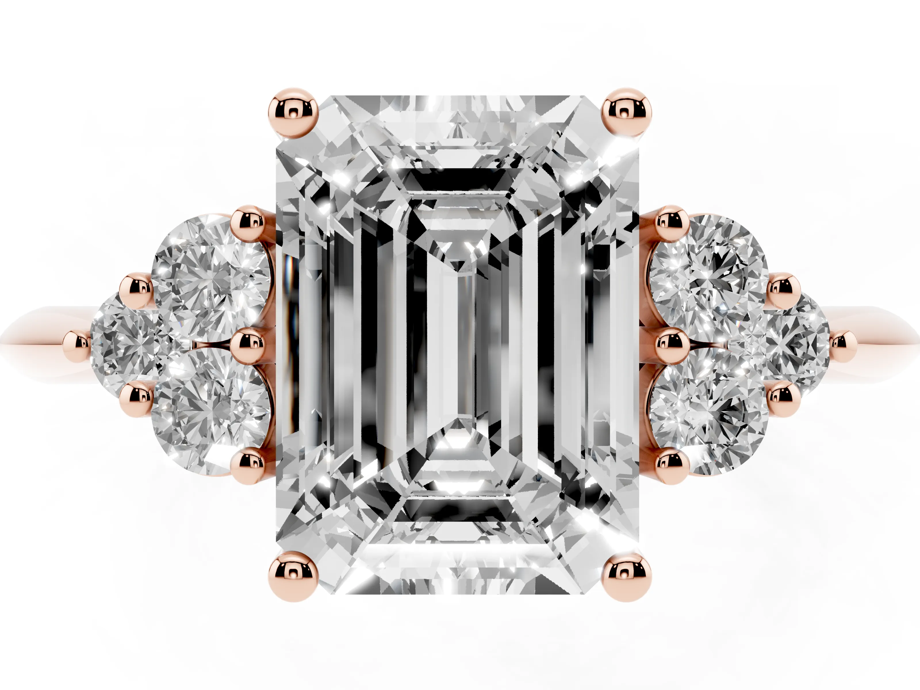 Emerald Cut Diamond Cluster Ring Set in Rose gold with Plain Band and Prong Setting