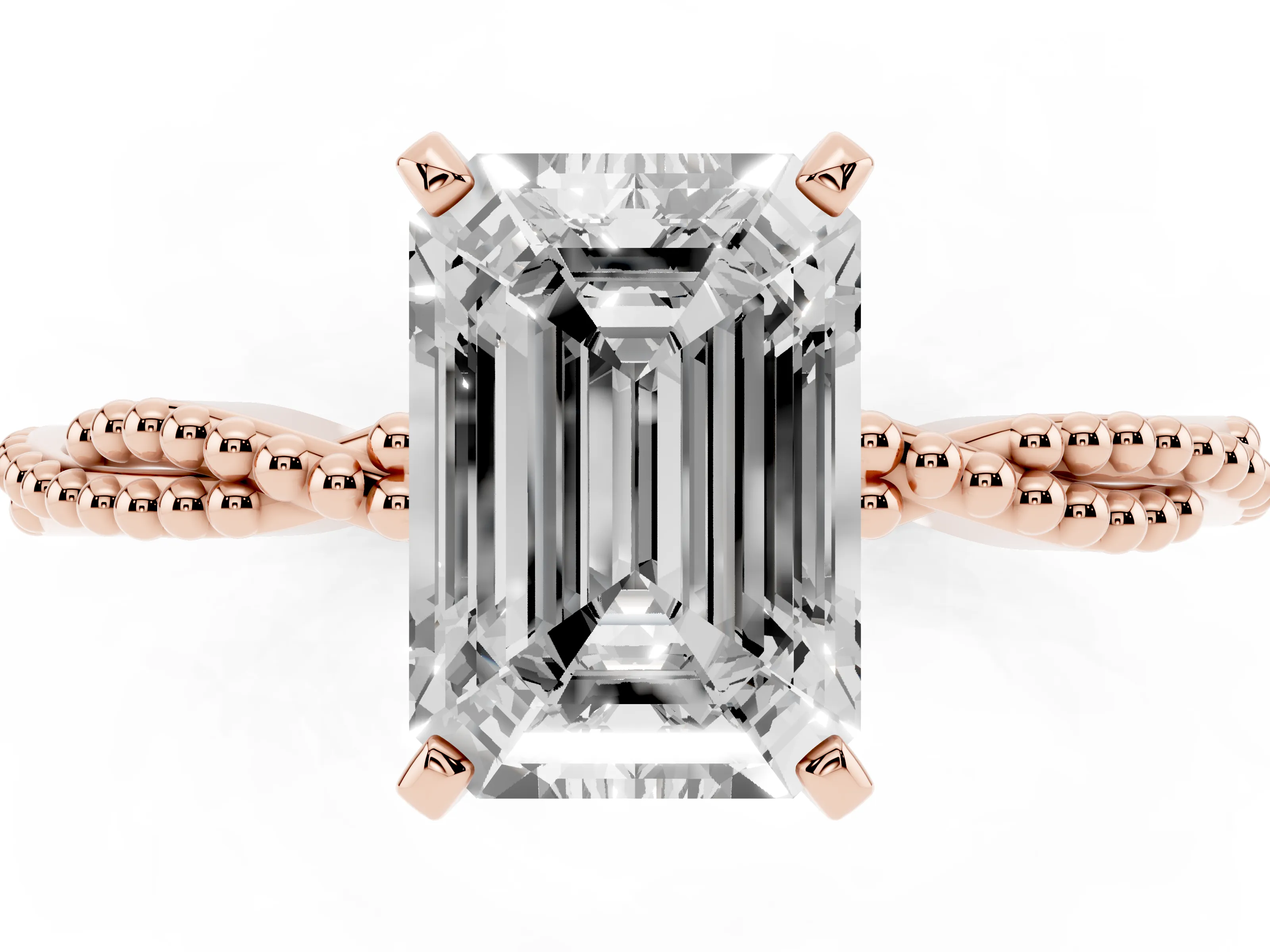 Emerald Cut Diamond Solitaire Ring Set in Rose gold with Twisted Band and Bead Prong Setting