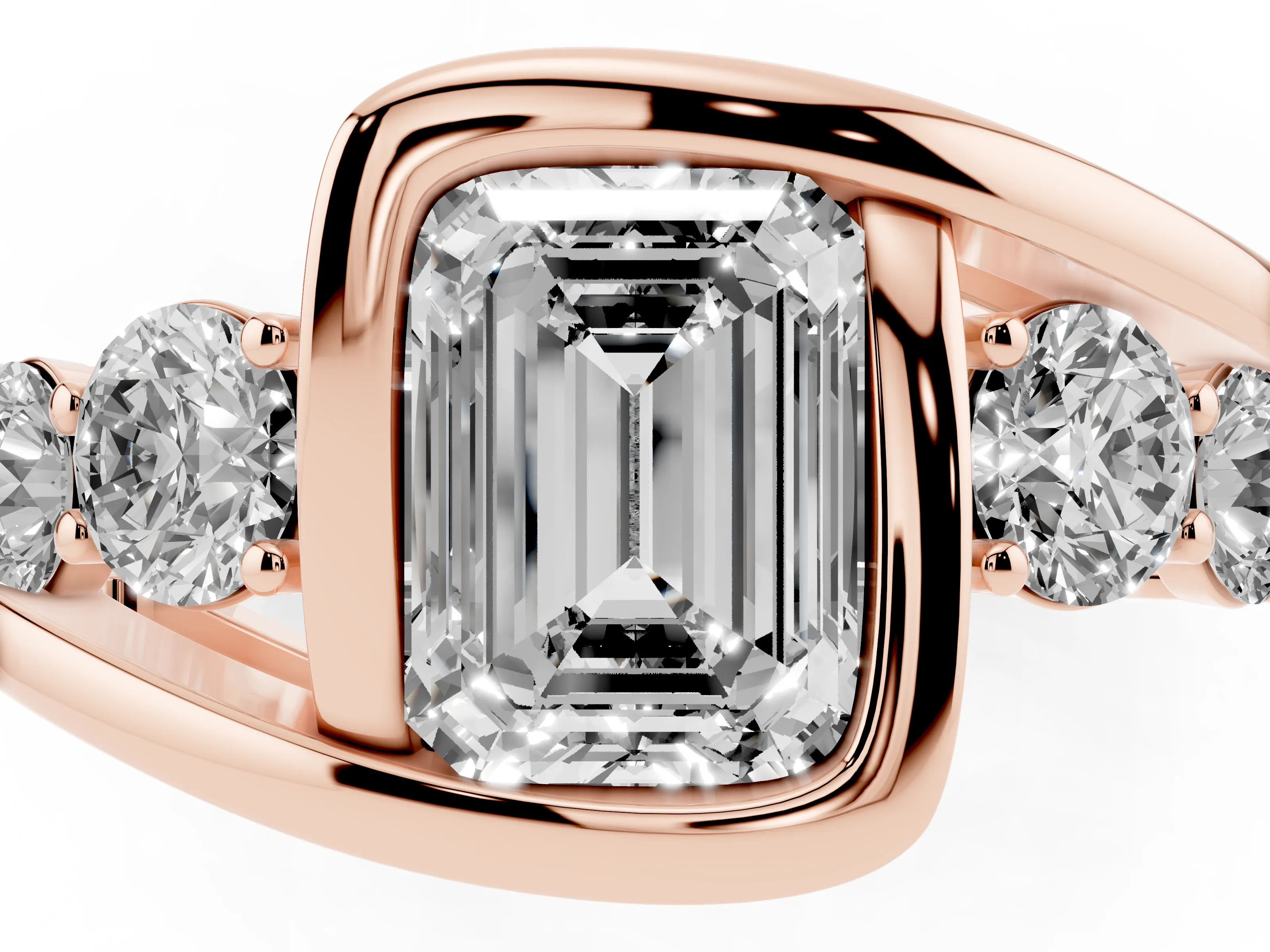 Emerald Cut Diamond Bezel Bypass Ring Set in Rose gold with Round Accents