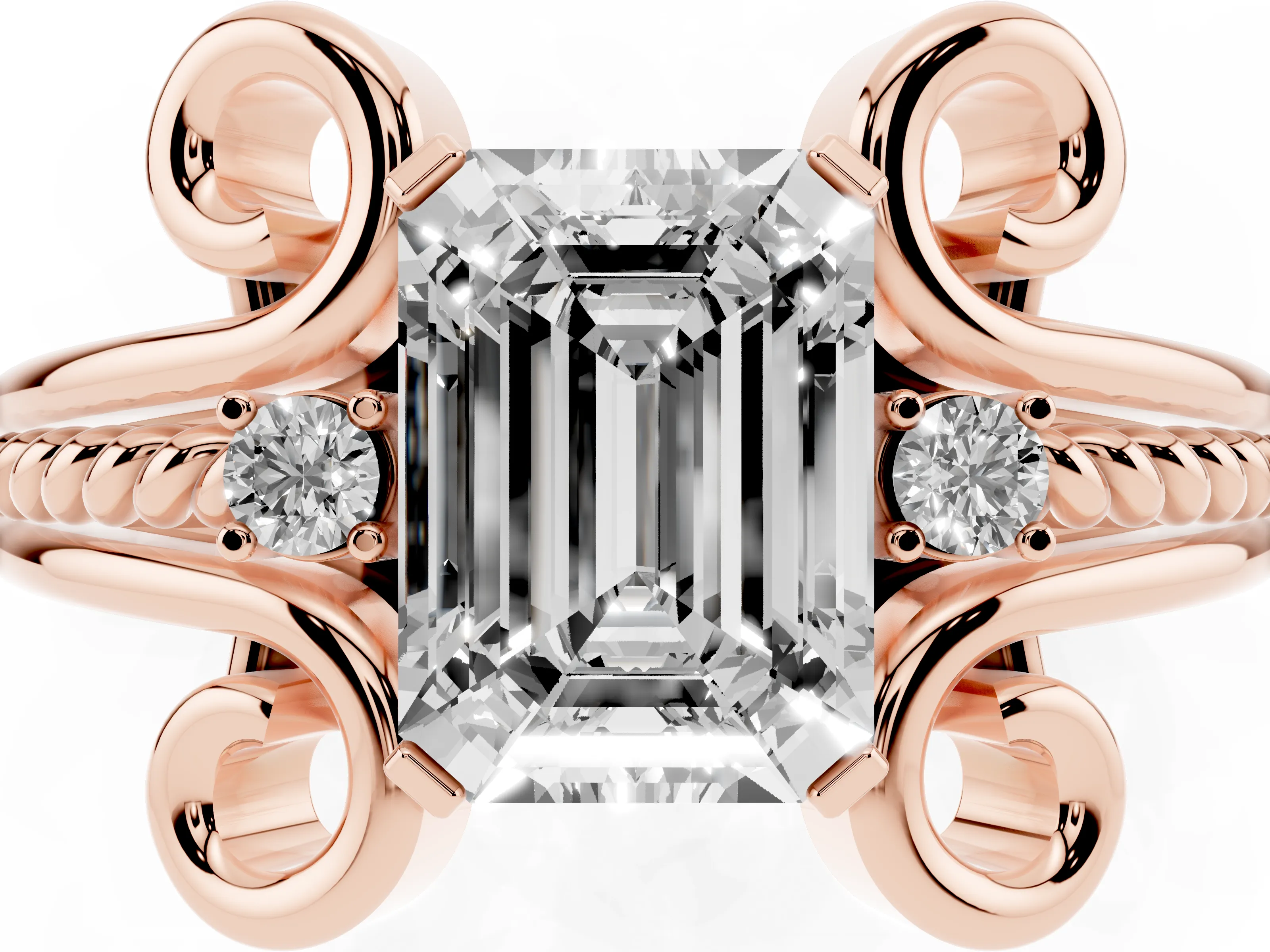 Emerald Cut Diamond Twisted Band Solitaire Ring Set in Rose gold with Scroll Prongs