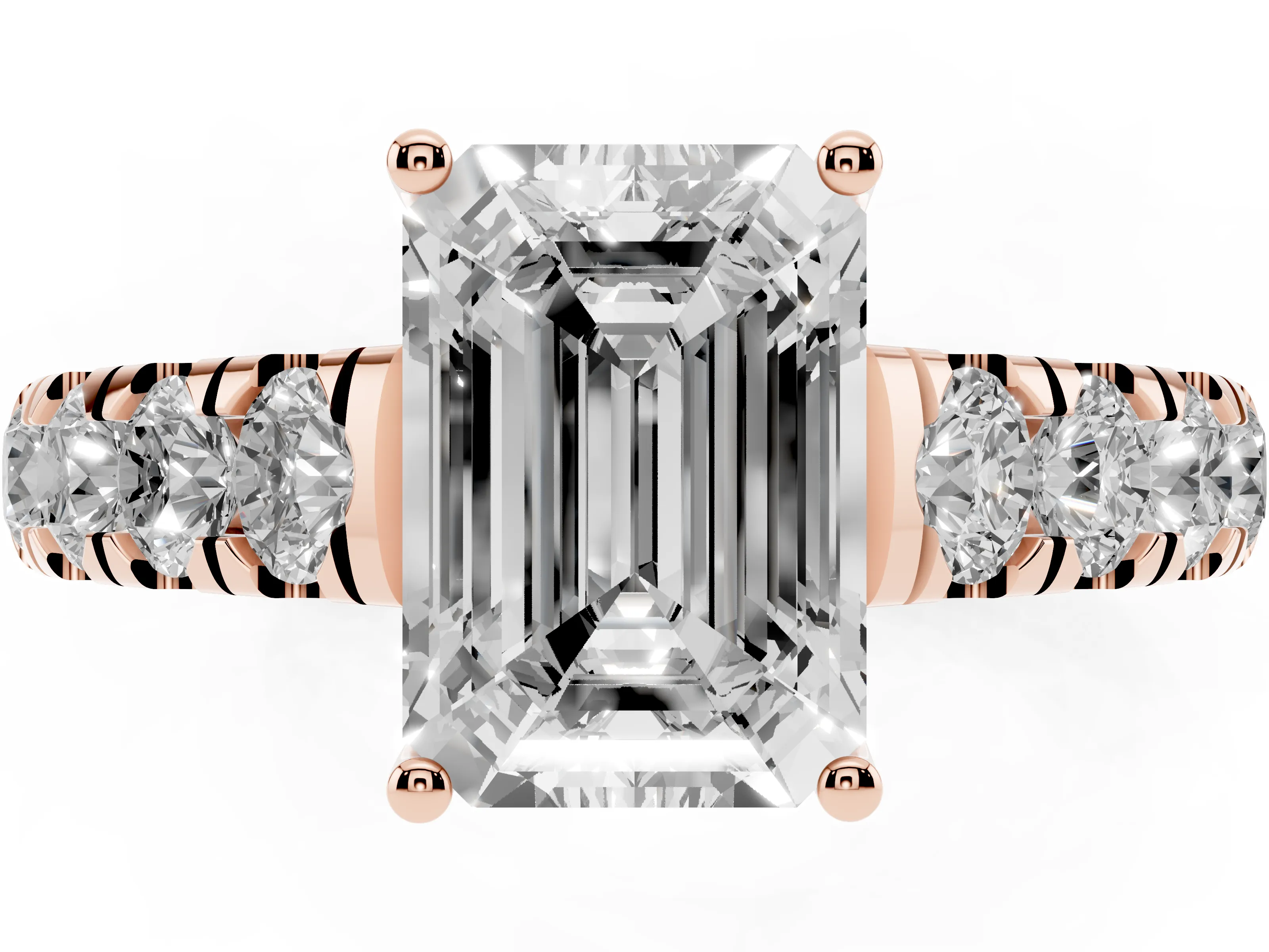 Emerald Cut Diamond Solitaire Ring Set in Rose gold with Cut-Down Micro Pavé Band and Prong Setting