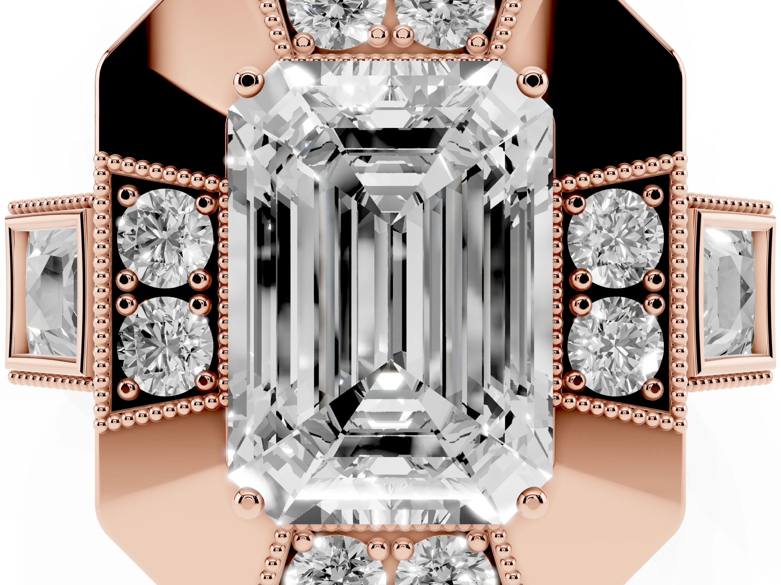 Emerald Cut Diamond Milgrain Halo Ring Set in Rose gold with Split Shank