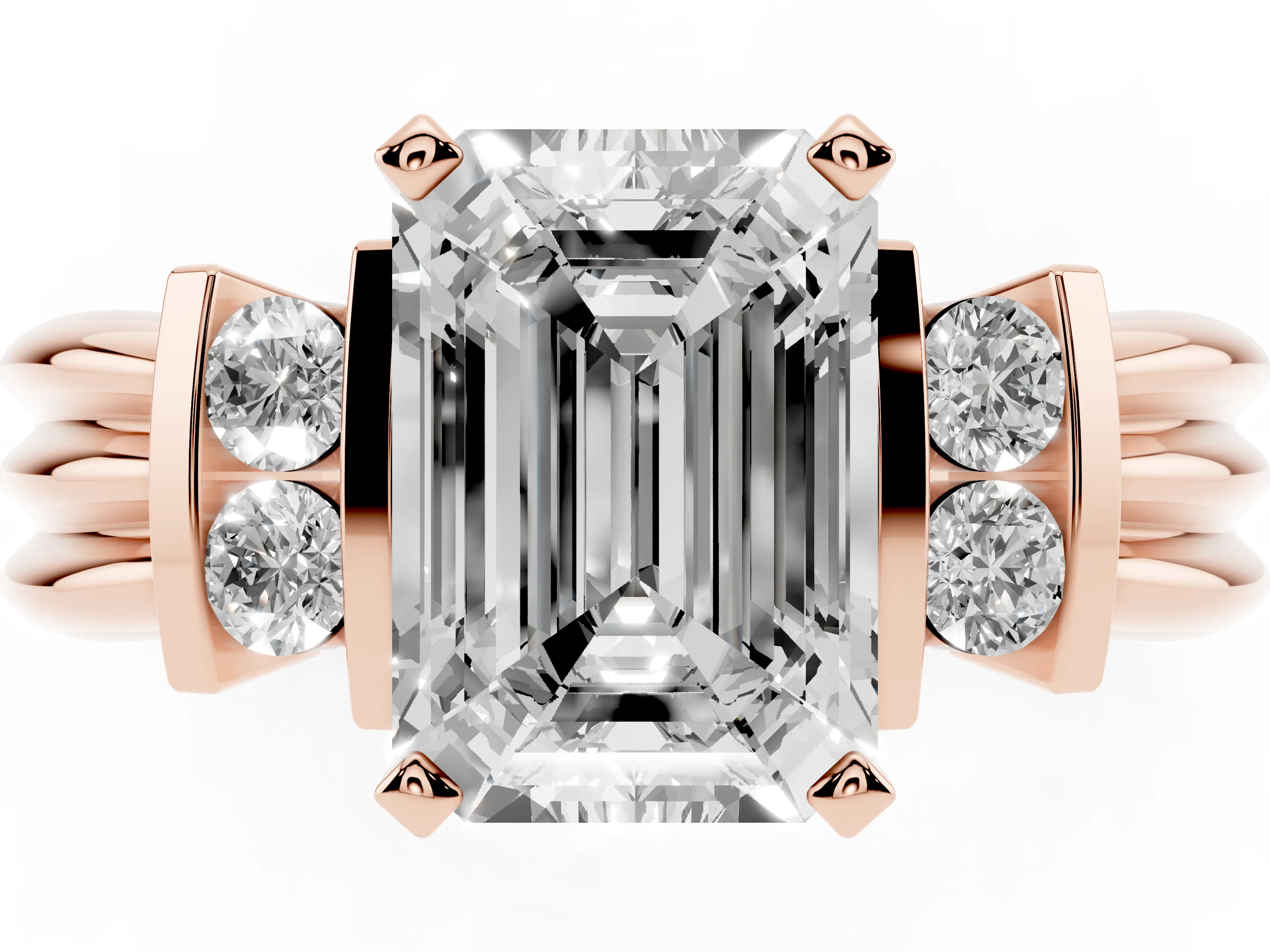 Three-Stone Emerald Cut Diamond Channel Set Ring Set in Rose gold with Bar Prongs