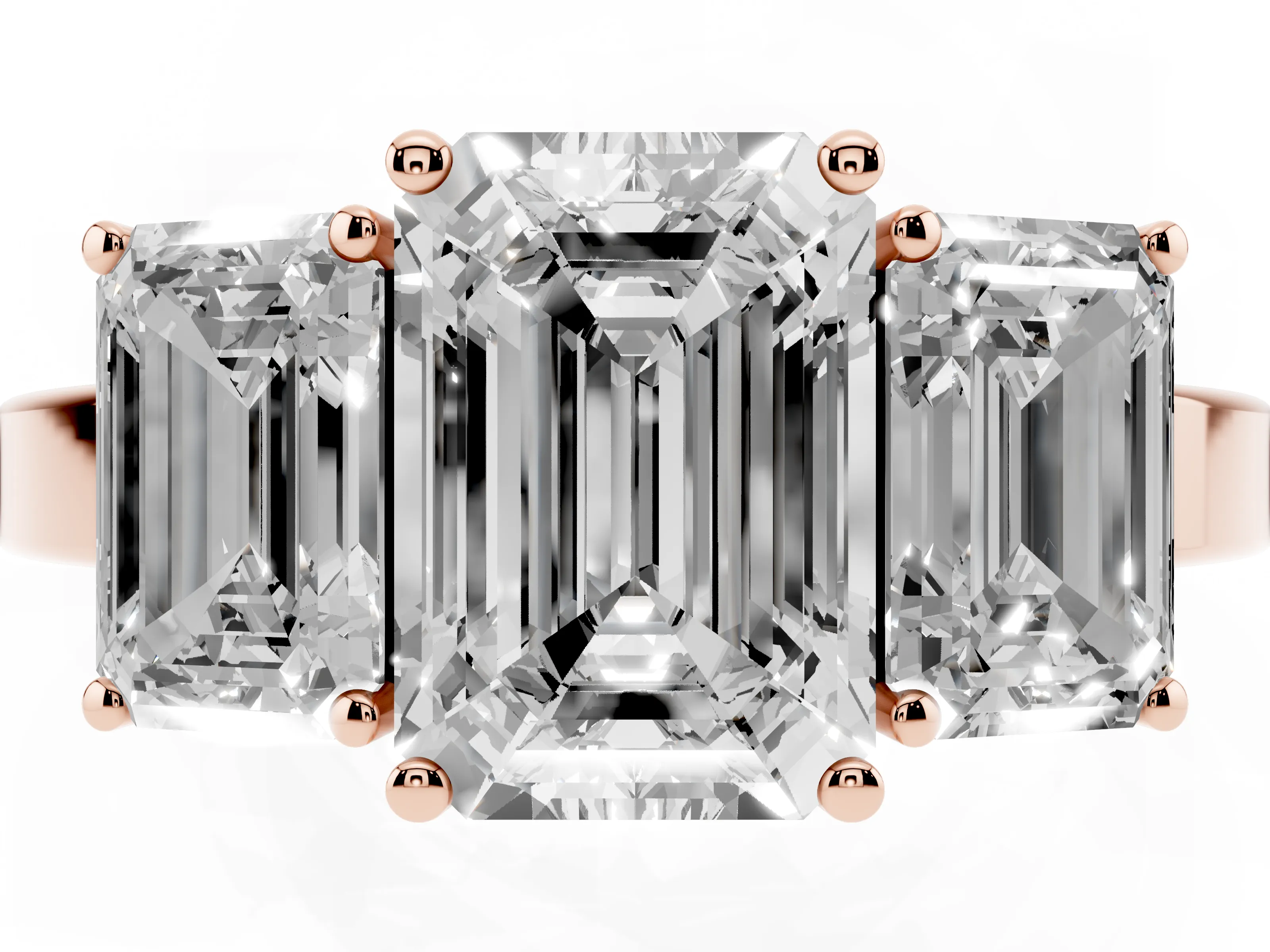 Emerald Cut Diamond Three-Stone Engagement Ring Set in Rose gold with Flat Band
