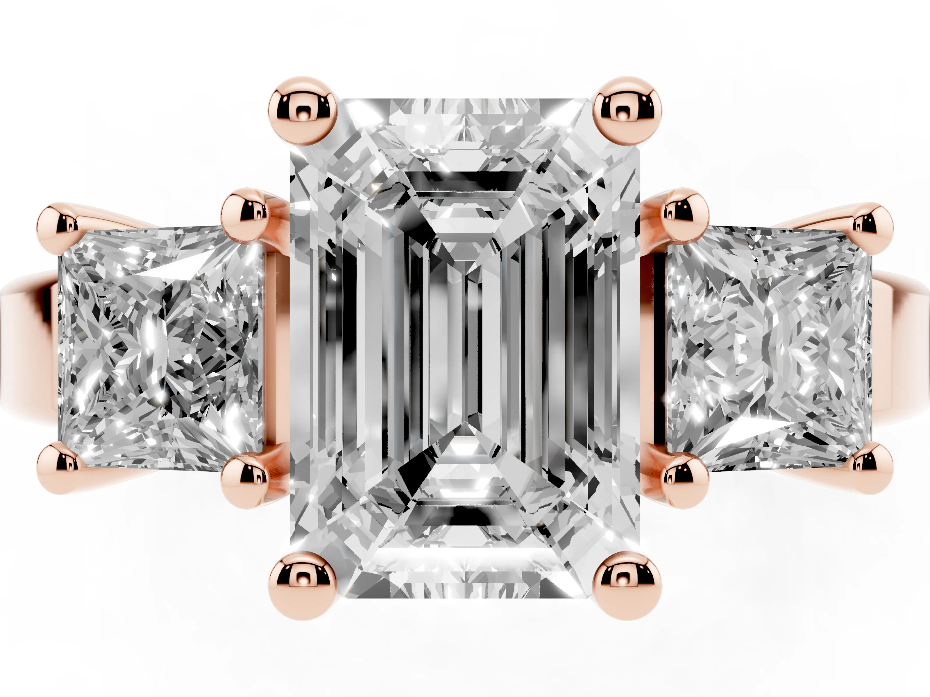 Three-Stone Emerald Cut Diamond Solitaire Ring Set in Rose gold with Prong Setting