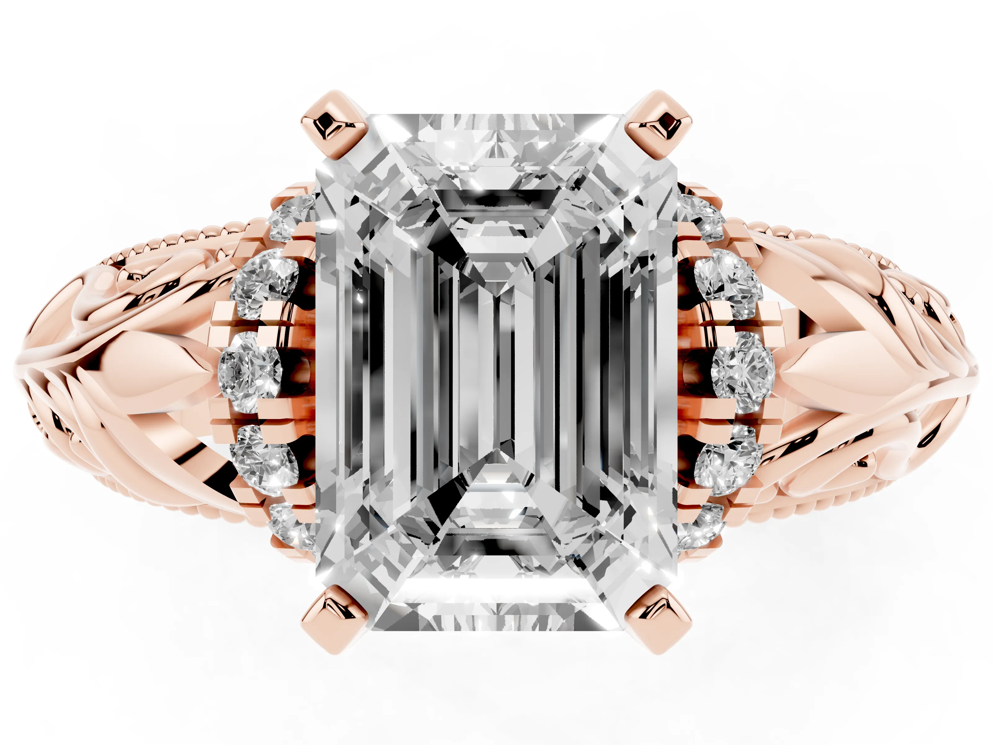 Emerald Cut Diamond Filigree Halo Engagement Ring Set in Rose gold with Prong Setting
