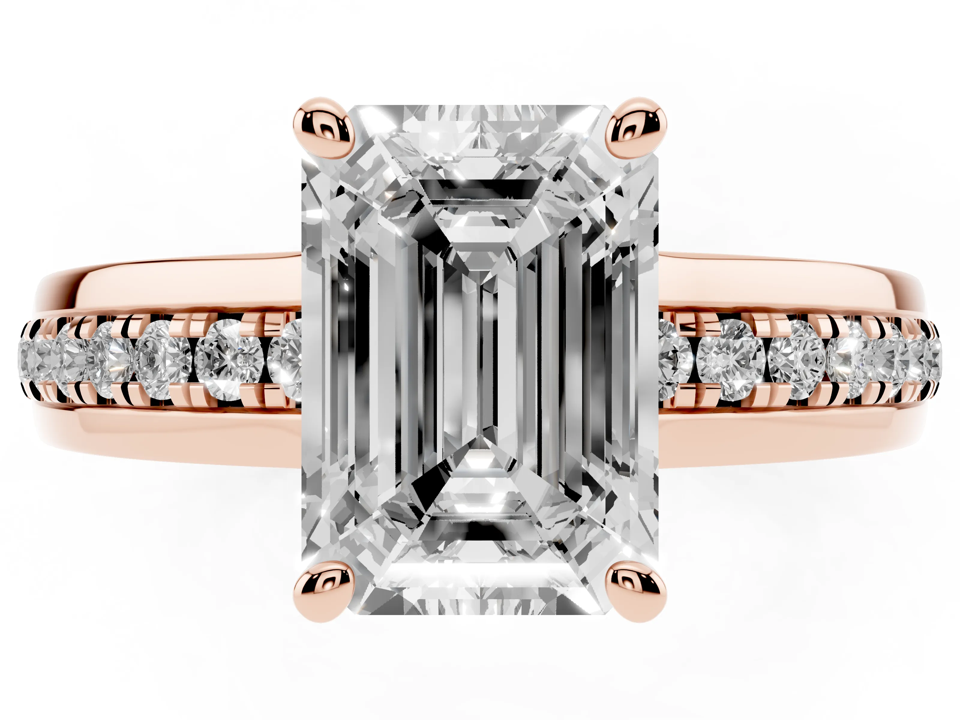 Emerald Cut Diamond Solitaire Ring Set in Rose gold with Channel Set Band and Prong Setting