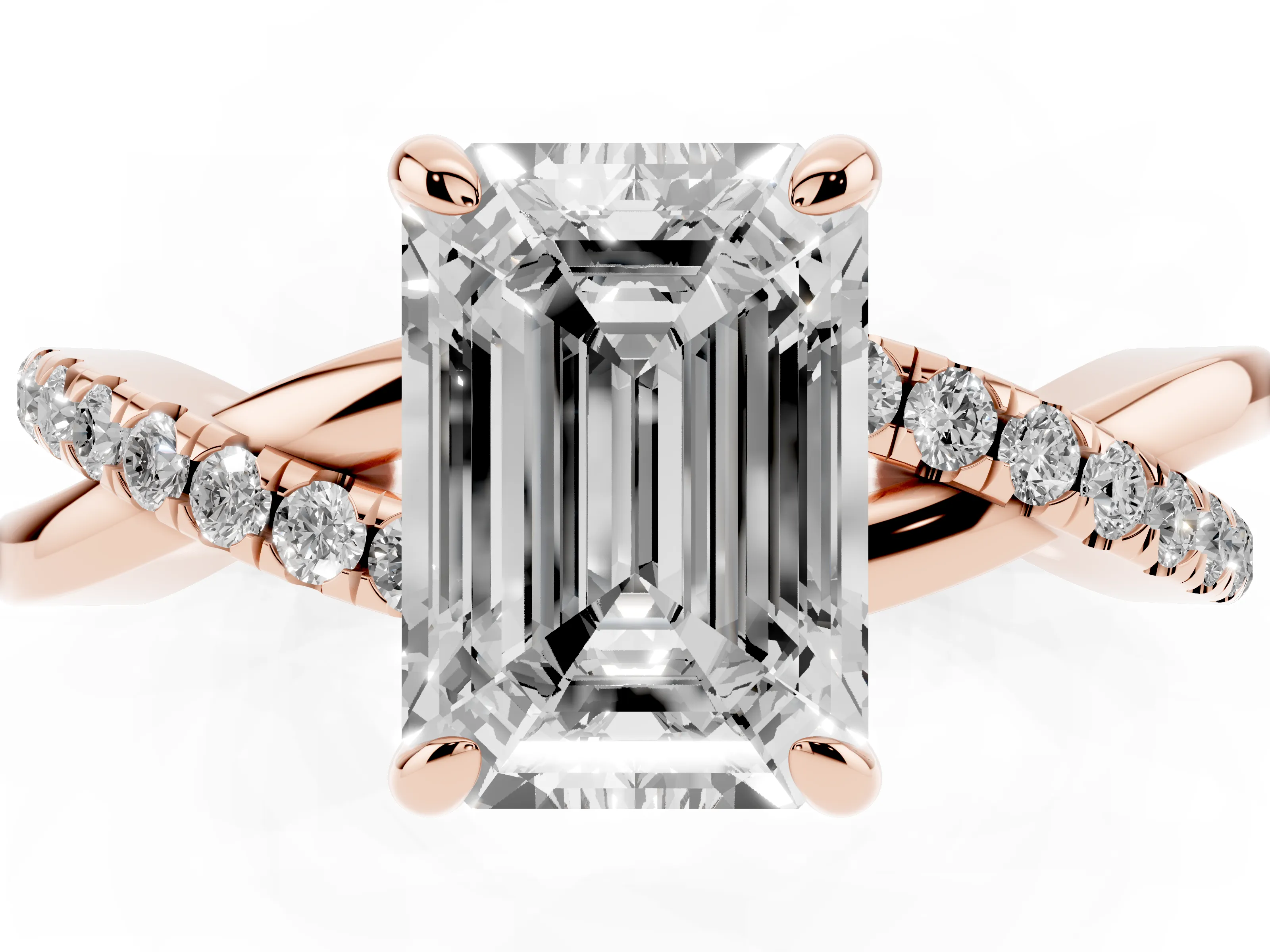 Emerald Cut Diamond Twist Band Solitaire Set in Rose gold with Pavé Accents and Prong Setting