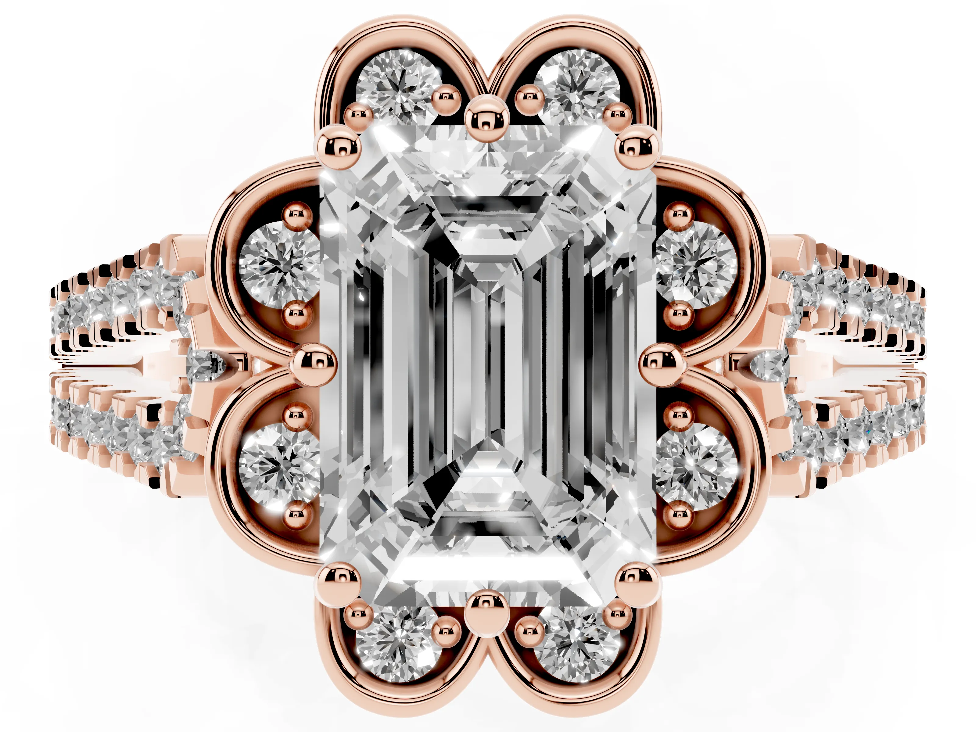 Emerald Cut Diamond Floral Halo Split Shank Engagement Ring Set in Rose gold with Pavé Shank