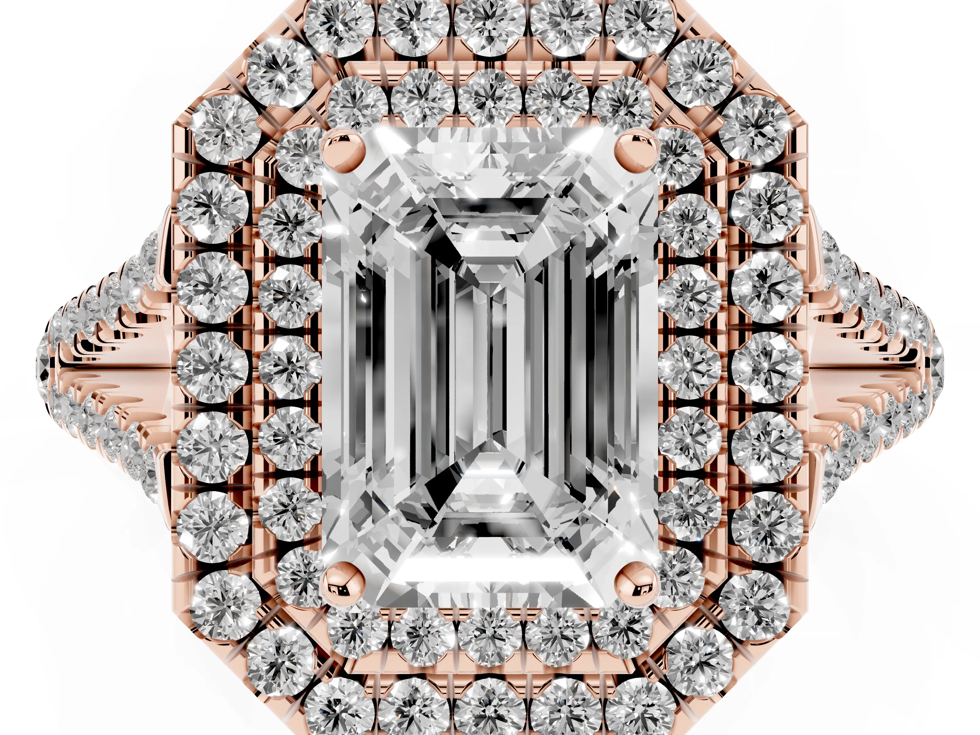 Emerald Cut Diamond Double Halo Ring Set in Rose gold with Pavé Band