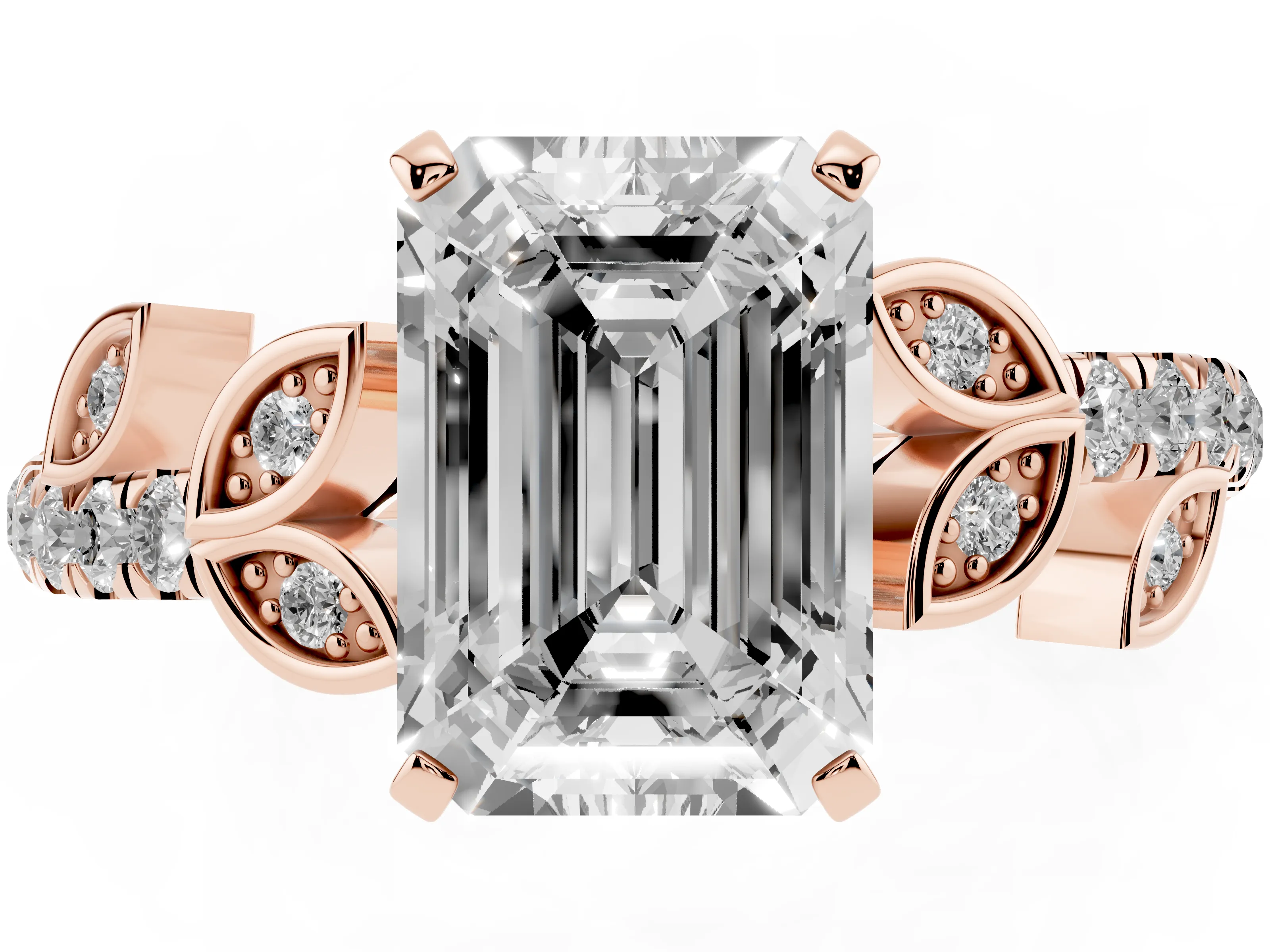 Emerald Cut Diamond Solitaire Leaf-Inspired Ring Set in Rose gold with Pavé Band and Prong Setting