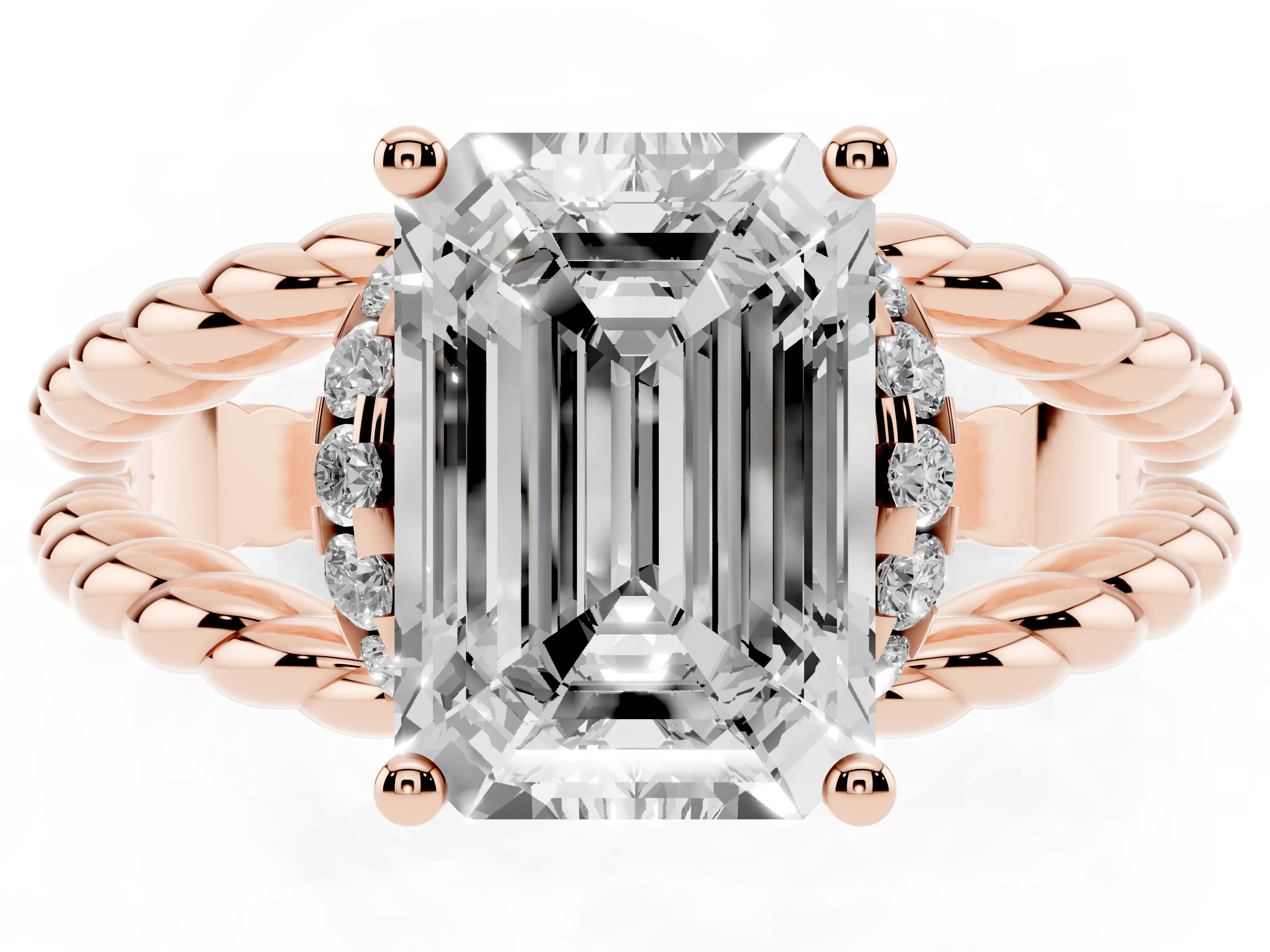 Emerald Cut Diamond Halo Ring Set in Rose gold with Twisted Band and Prong Setting