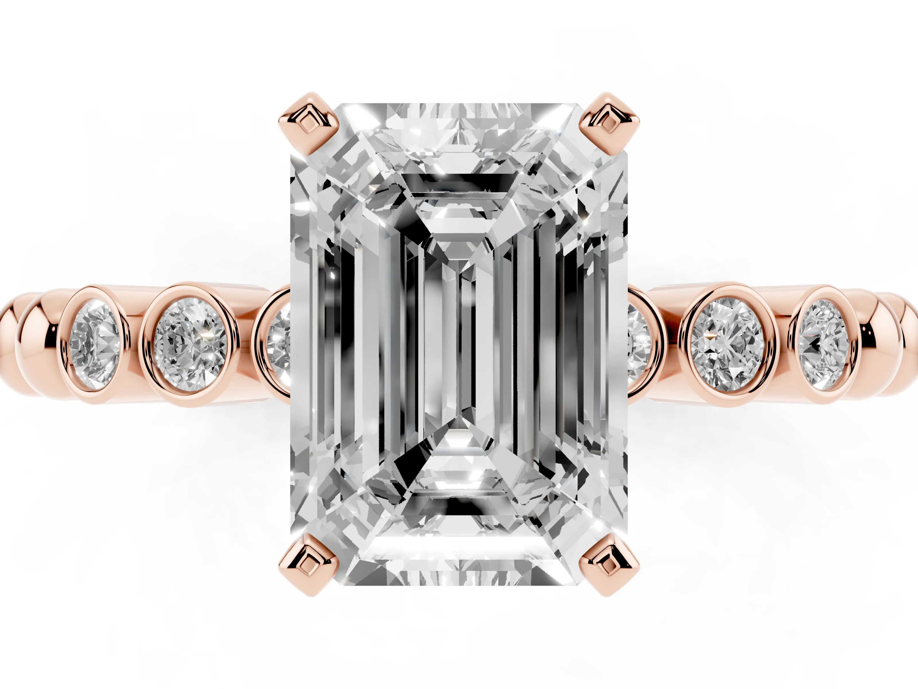 Emerald Cut Diamond Solitaire Engagement Ring Set in Rose gold with Bezel Accents on Beaded Band
