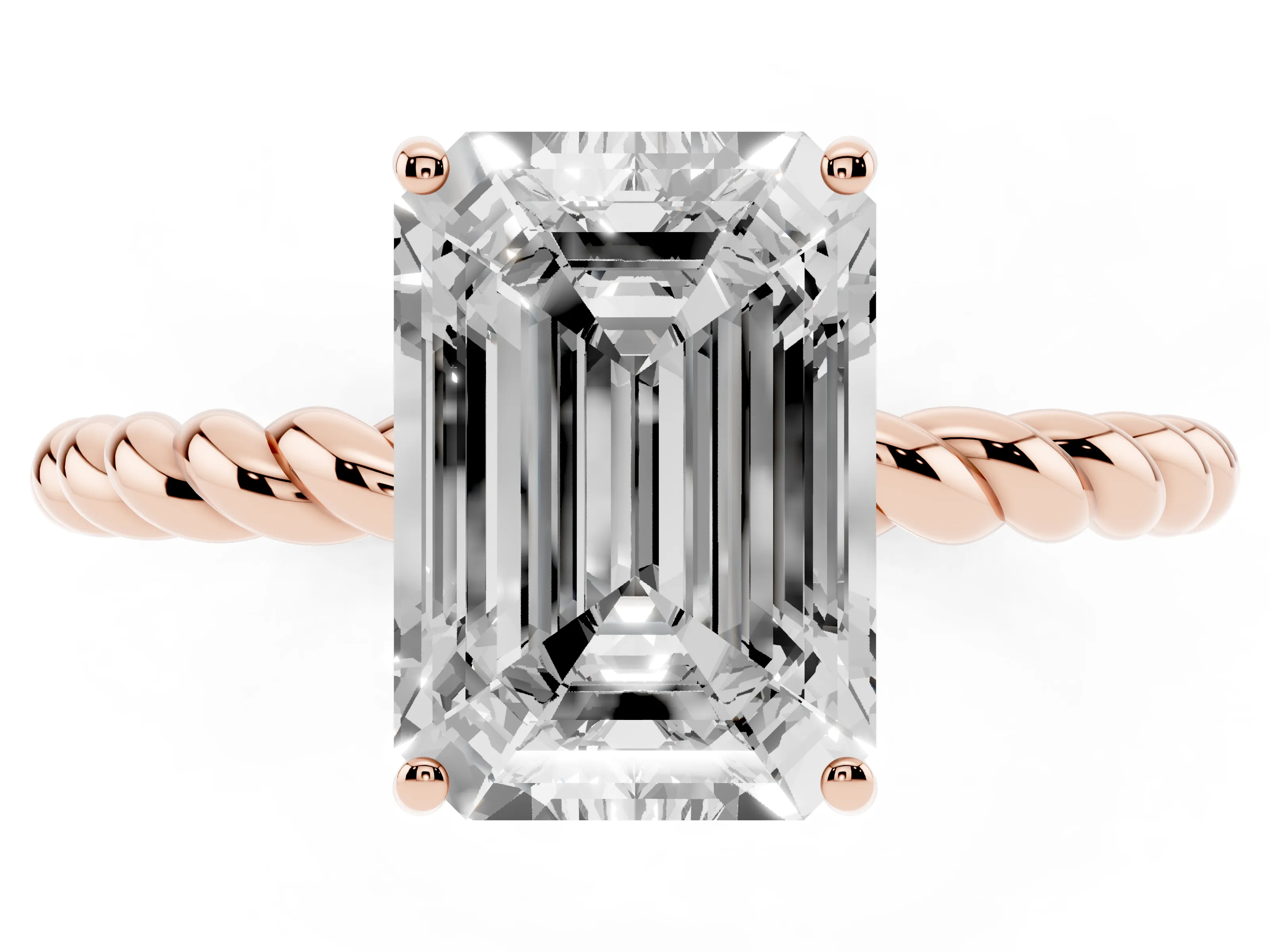 Emerald Cut Diamond Solitaire Ring Set in Rose gold with Twist Band and Prong Setting