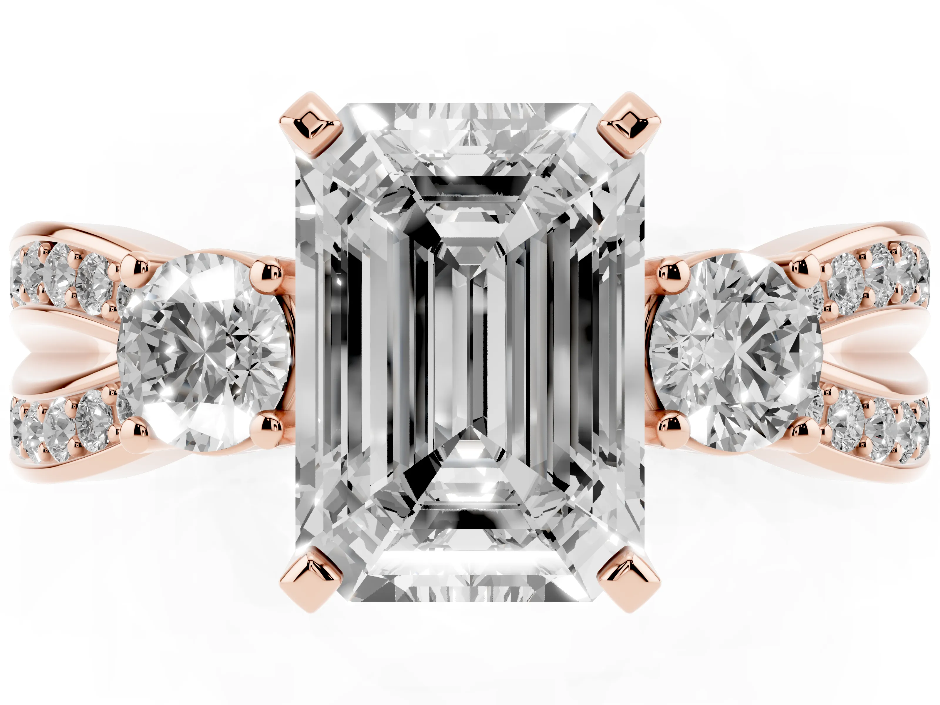 Three-Stone Emerald Cut Diamond Twist Band Ring Set in Rose gold with Pavé Accents and Prong Setting