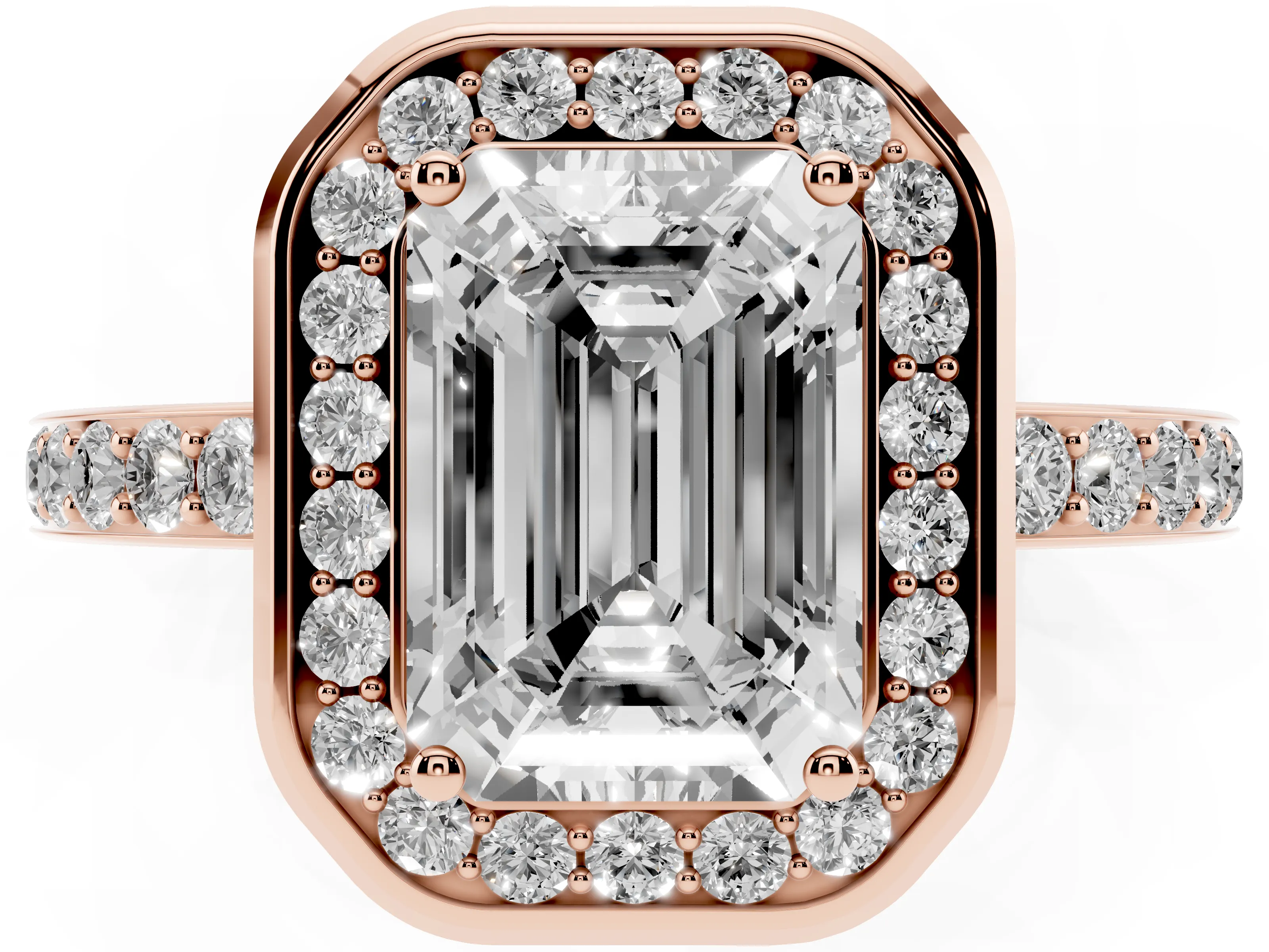 Emerald Cut Diamond Halo Ring Set in Rose gold with Bezel Frame and Pavé Band