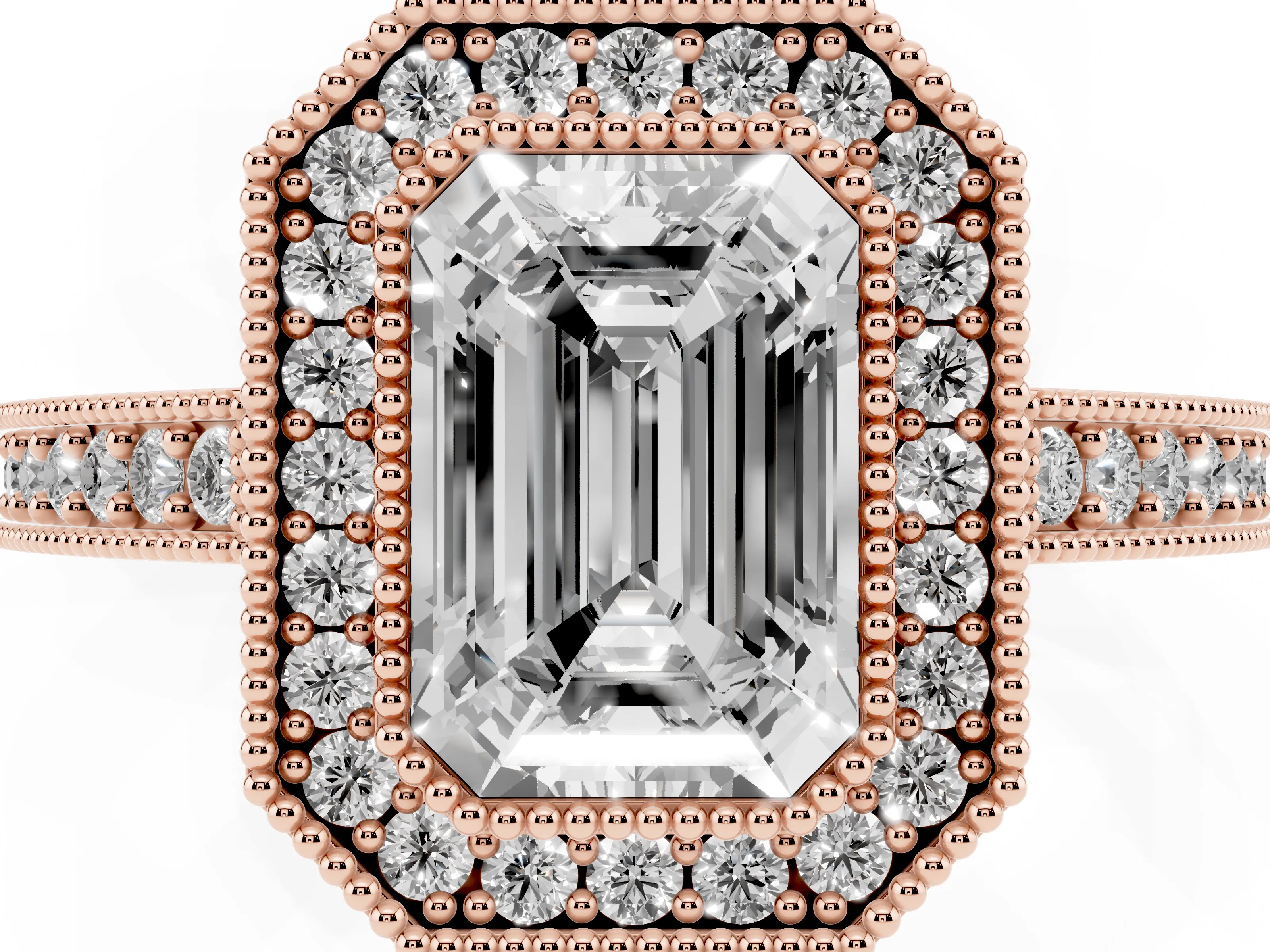 Emerald Cut Diamond Halo Engagement Ring Set in Rose gold with Pavé Band and Round Halo Stones
