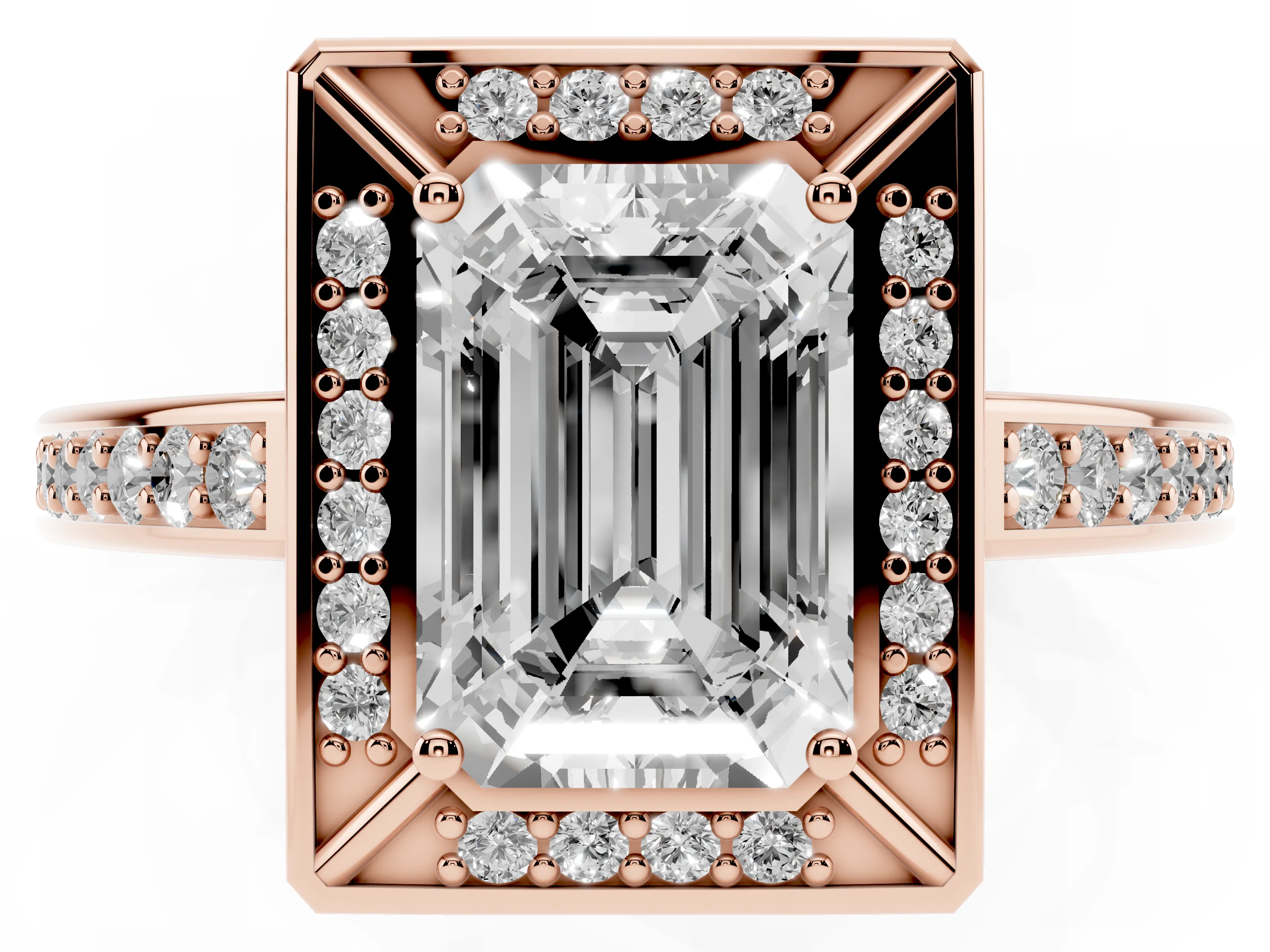 Emerald Cut Diamond Halo Pavé Split Shank Ring Set in Rose gold with Prong Setting