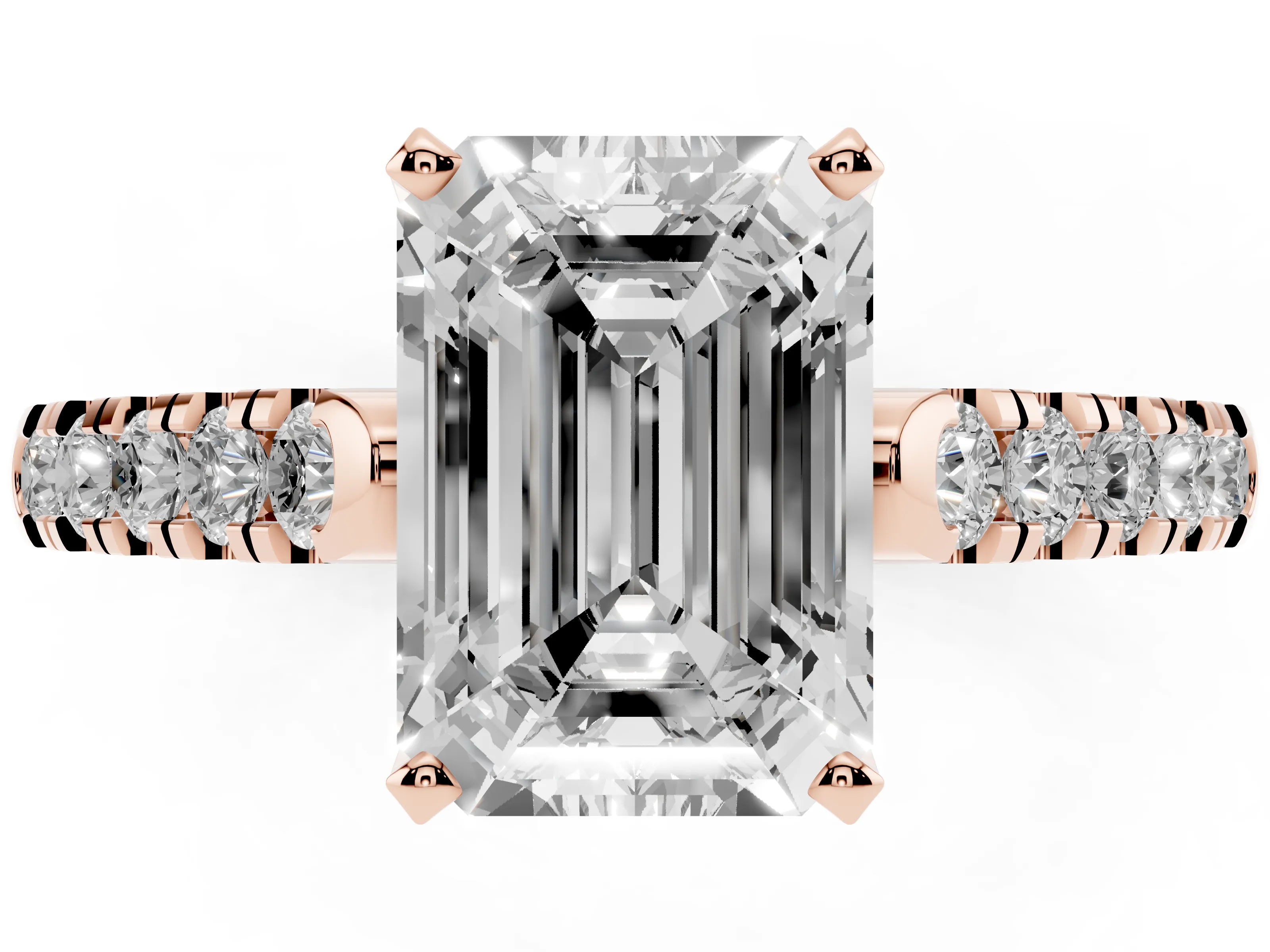 Emerald Cut Diamond Pavé Band Solitaire Ring Set in Rose gold with Partway Accent Stones and Prong Setting