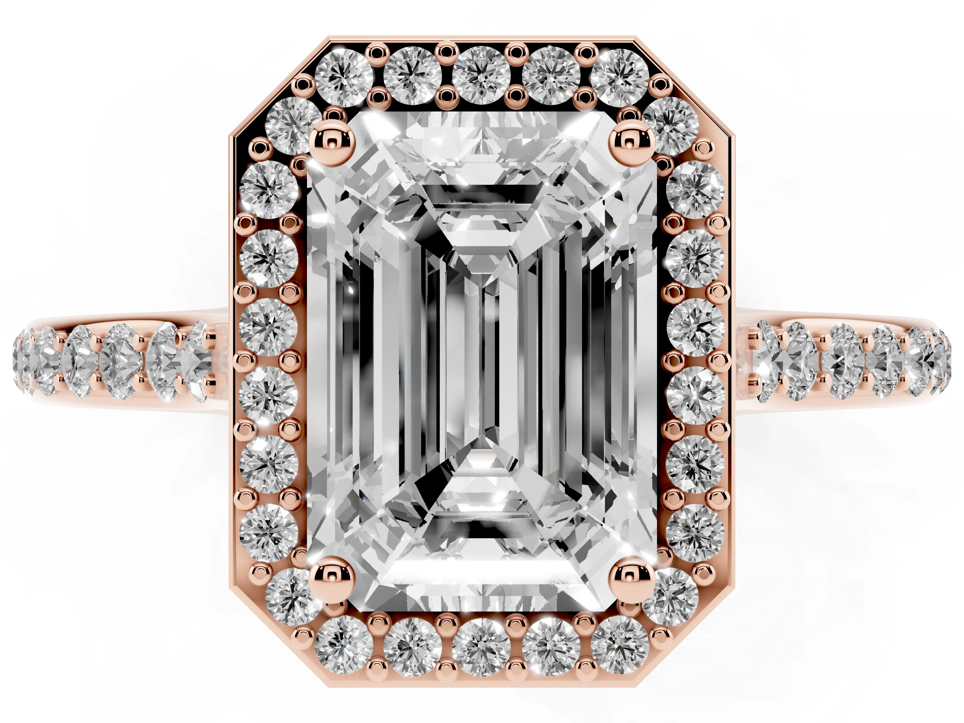 Emerald Cut Diamond Halo Engagement Ring Set in Rose gold with Round Pavé Shoulders and Heart Gallery