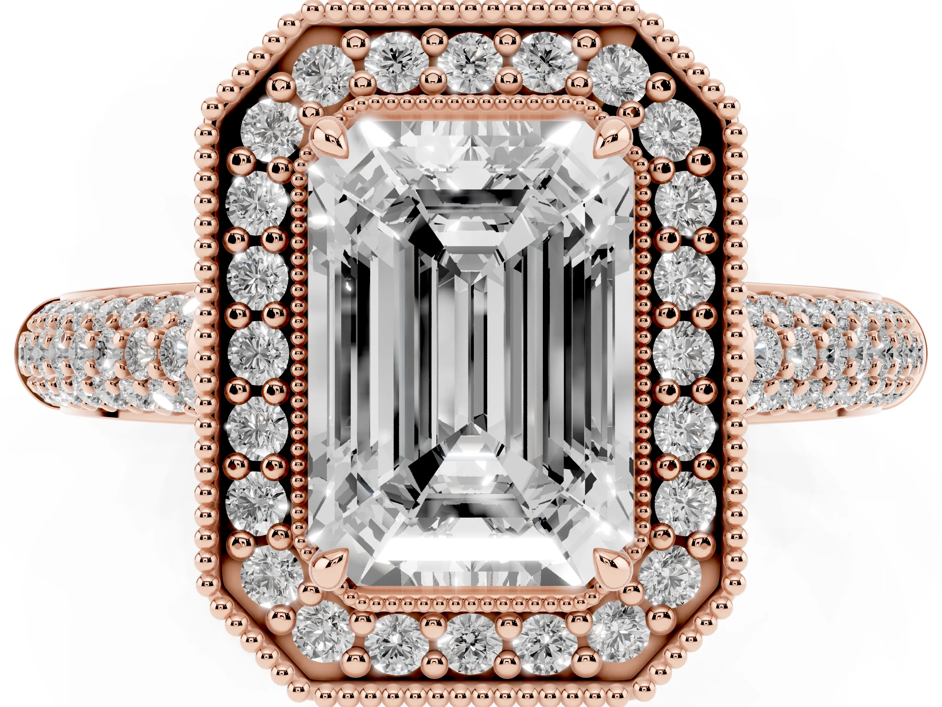 Emerald Cut Diamond Halo Pavé Band Set in Rose gold with Prong Setting