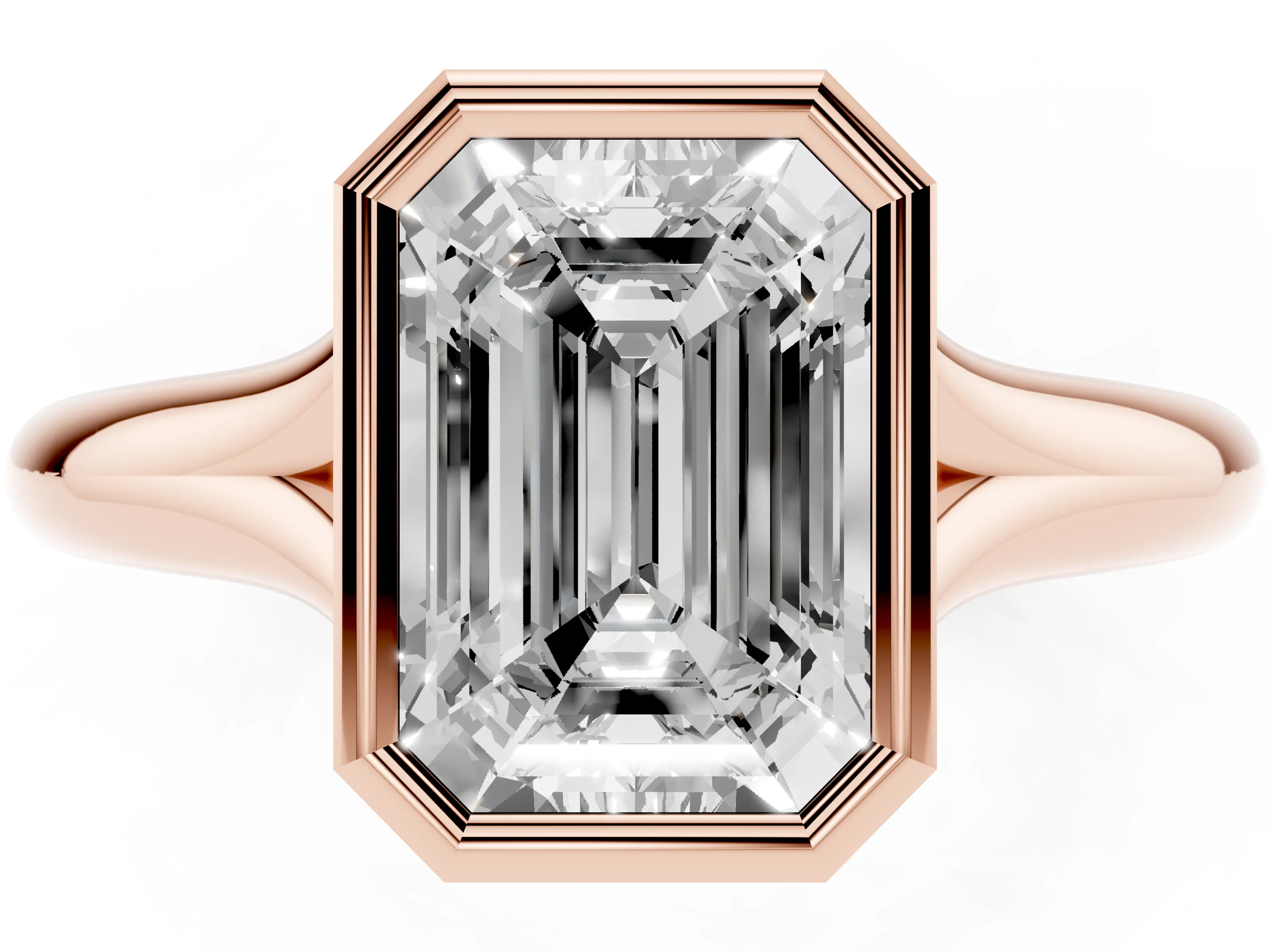 Bezel Set Emerald Cut Diamond Solitaire Ring Set in Rose gold with Smooth Band