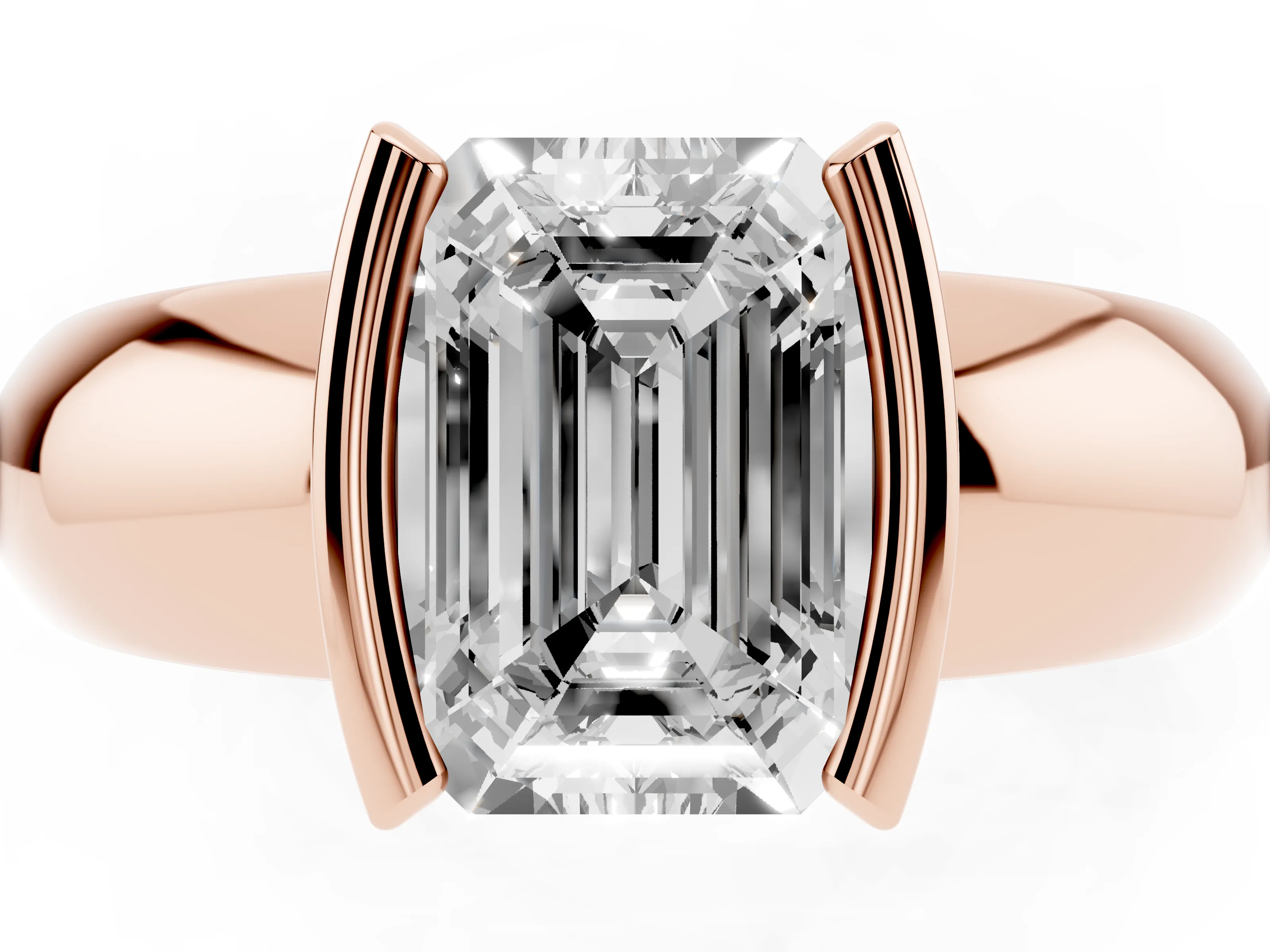 Emerald Cut Diamond Solitaire Tension Set Ring Set in Rose gold with Wide Band