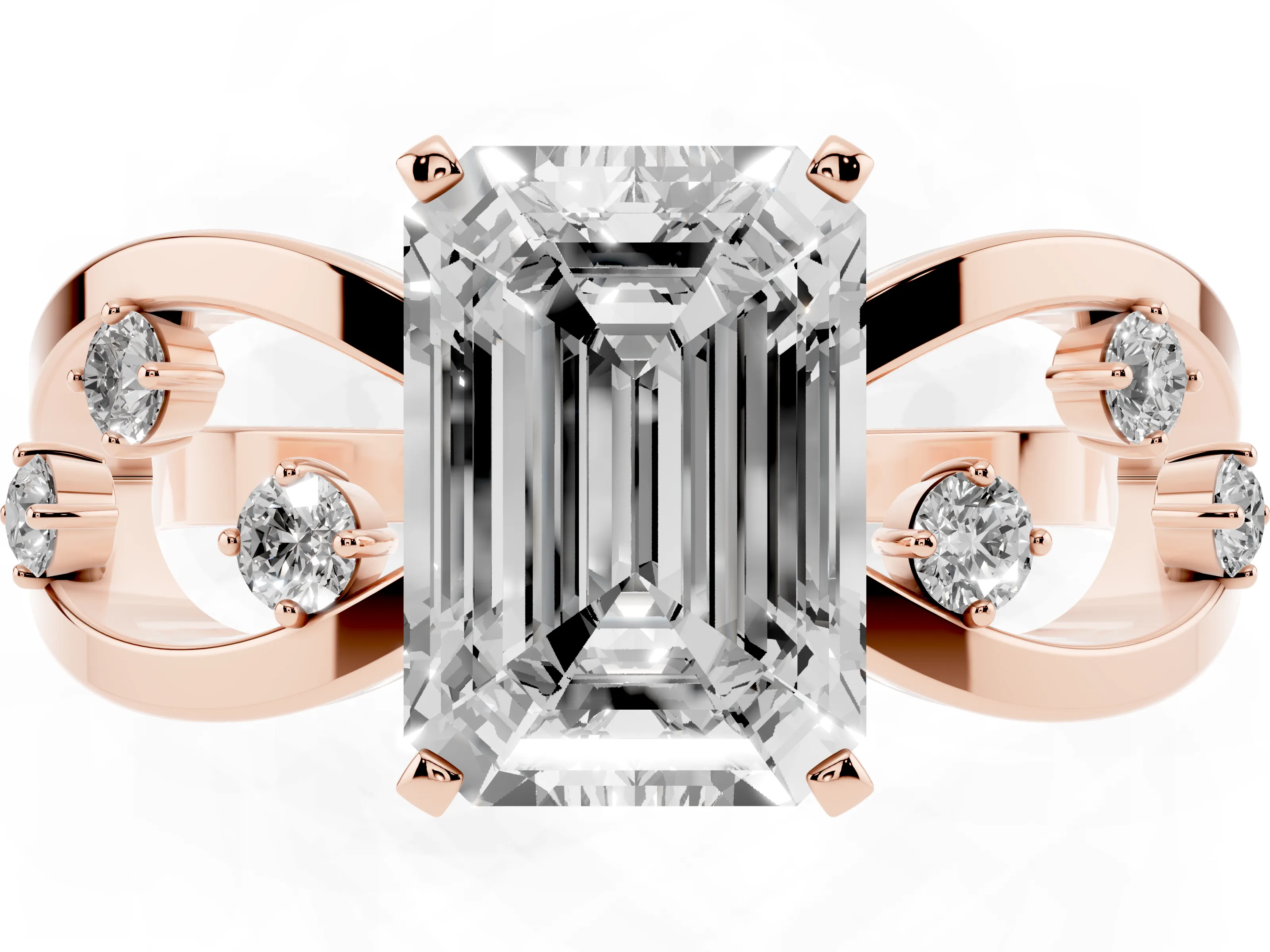 Emerald Cut Diamond Solitaire Ring Set in Rose gold with Side Stones on Criss-Cross Band and Prong Setting
